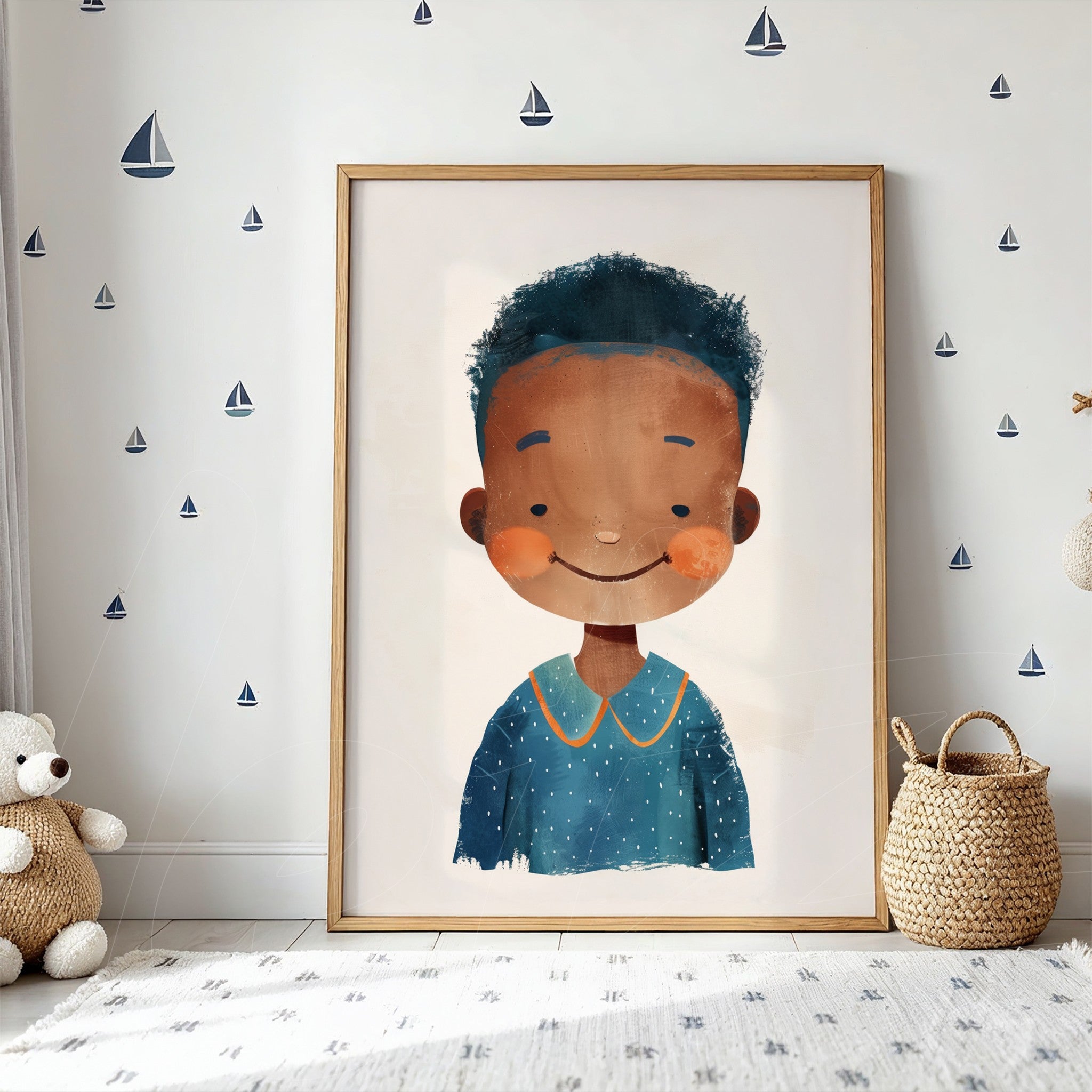 framed wall art featuring a smiling boy illustration with afro hair and a light wooden frame