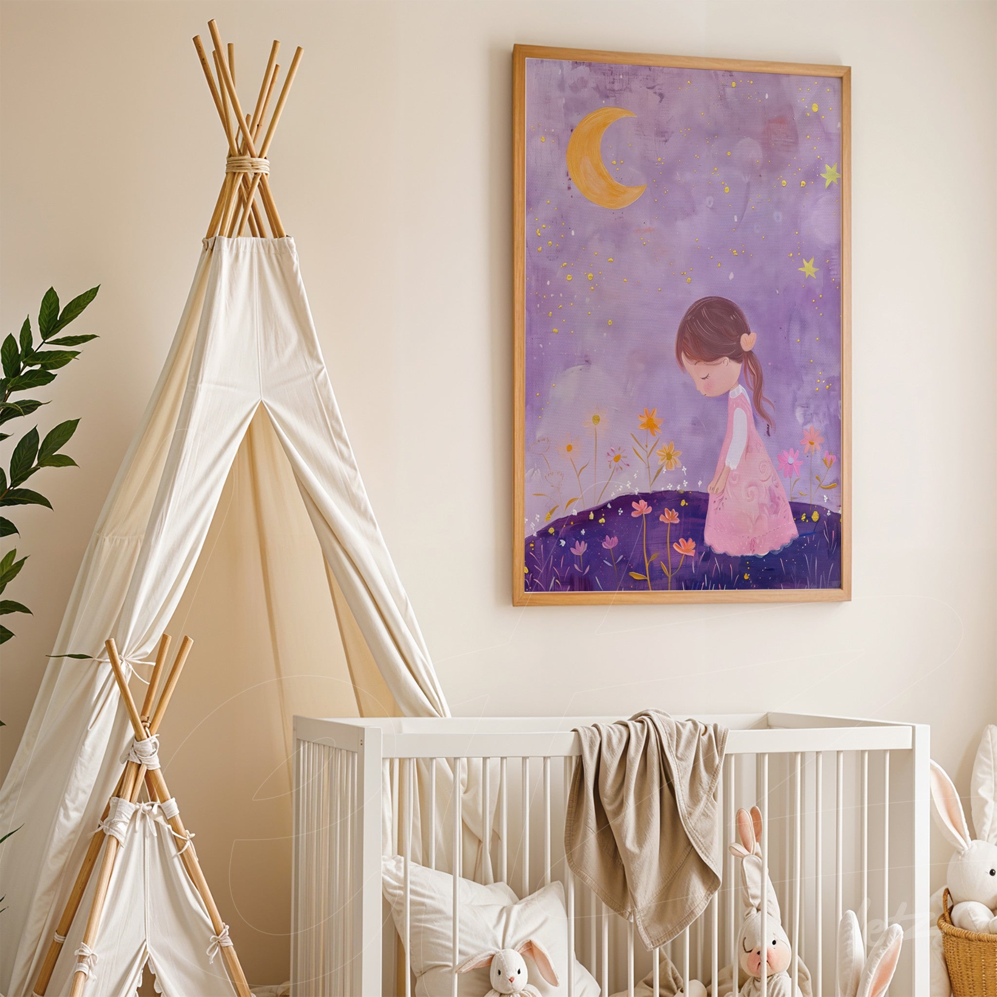framed children's art of a girl in a pink dress surrounded by flowers on a purple background with a moon