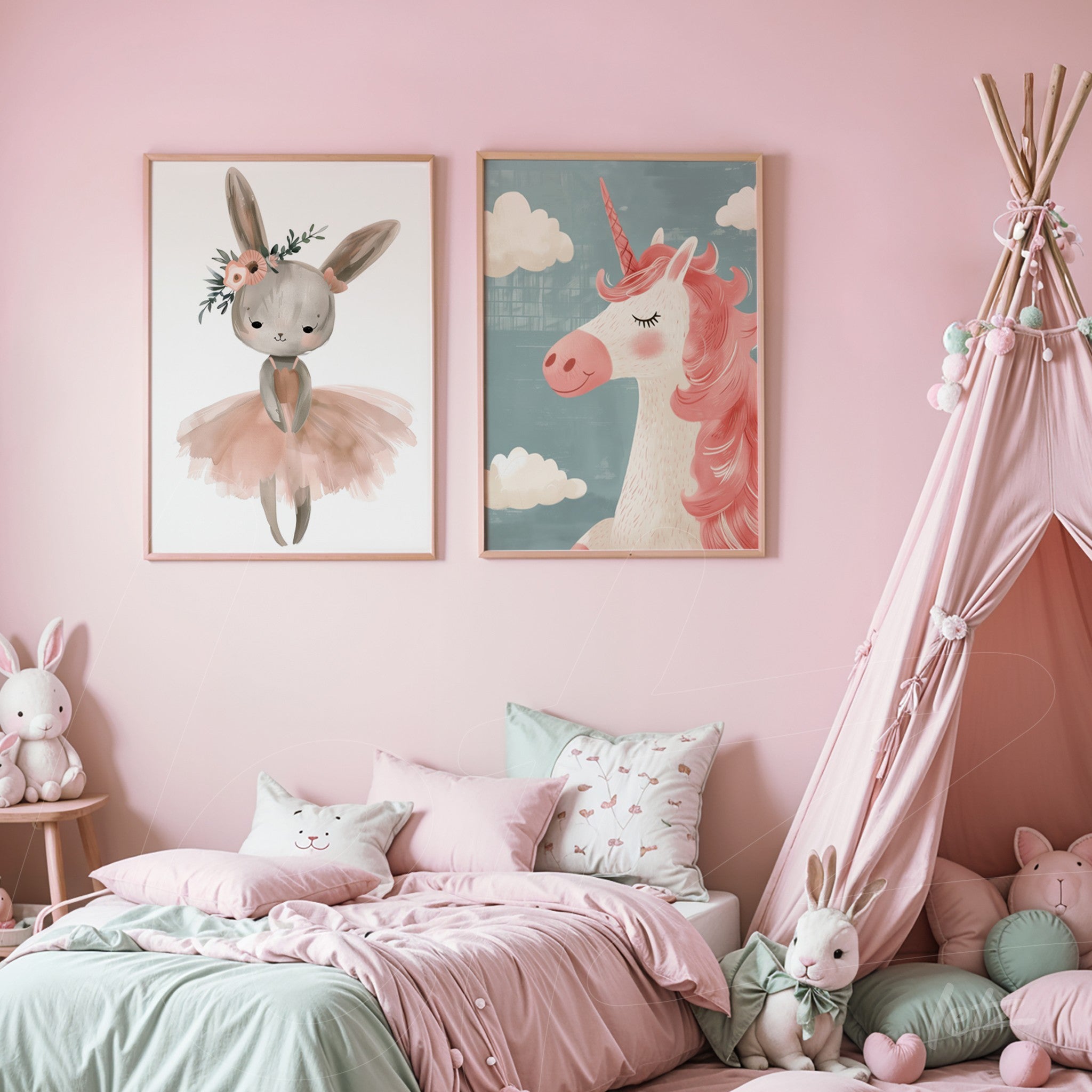 a duo of framed illustrations featuring a ballet-dressed bunny and a unicorn against a pastel pink wall, adorning a children's room