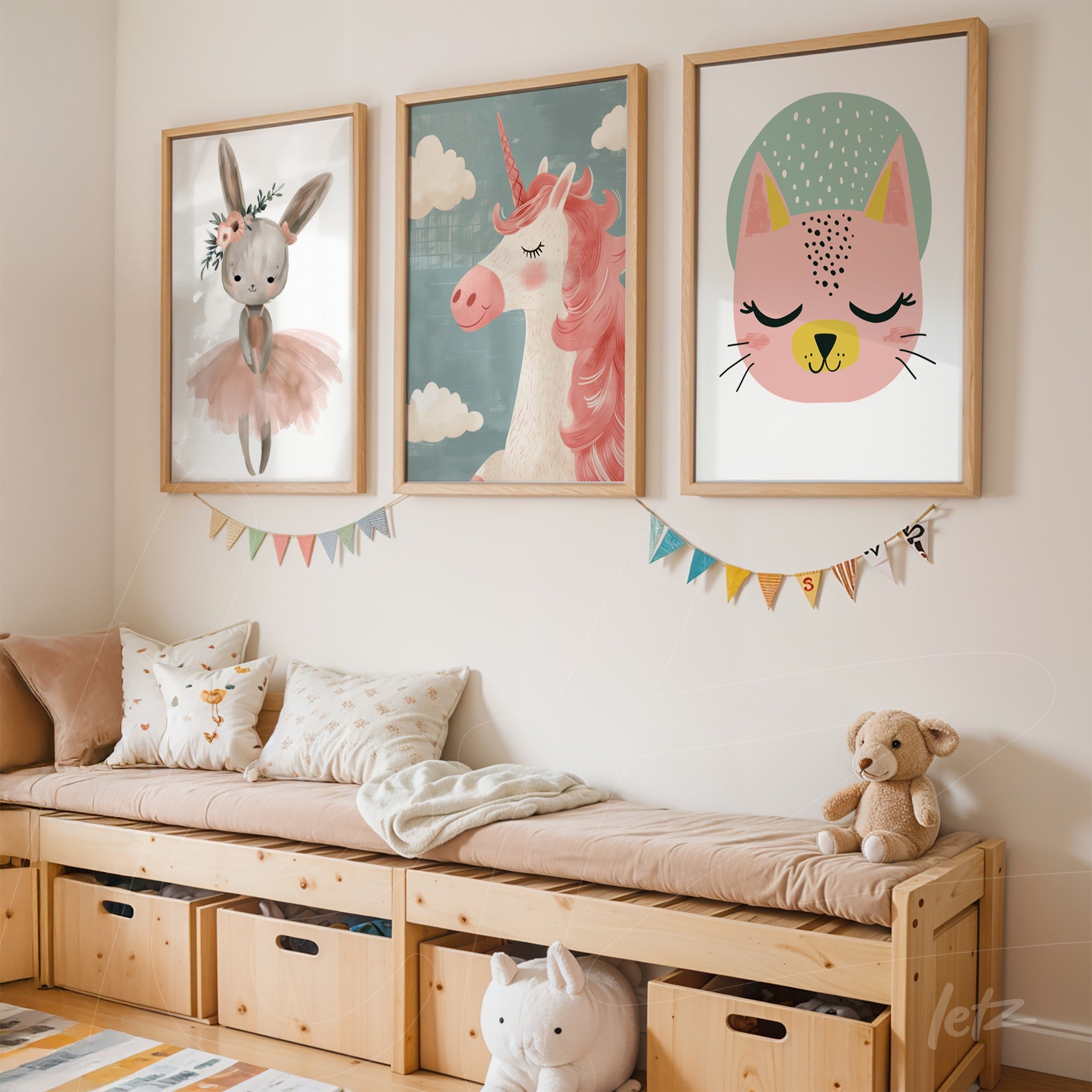 trio of children's framed wall art featuring a ballerina bunny, a unicorn, and a cat, displayed in light wood frames above a storage bench in a cozy room