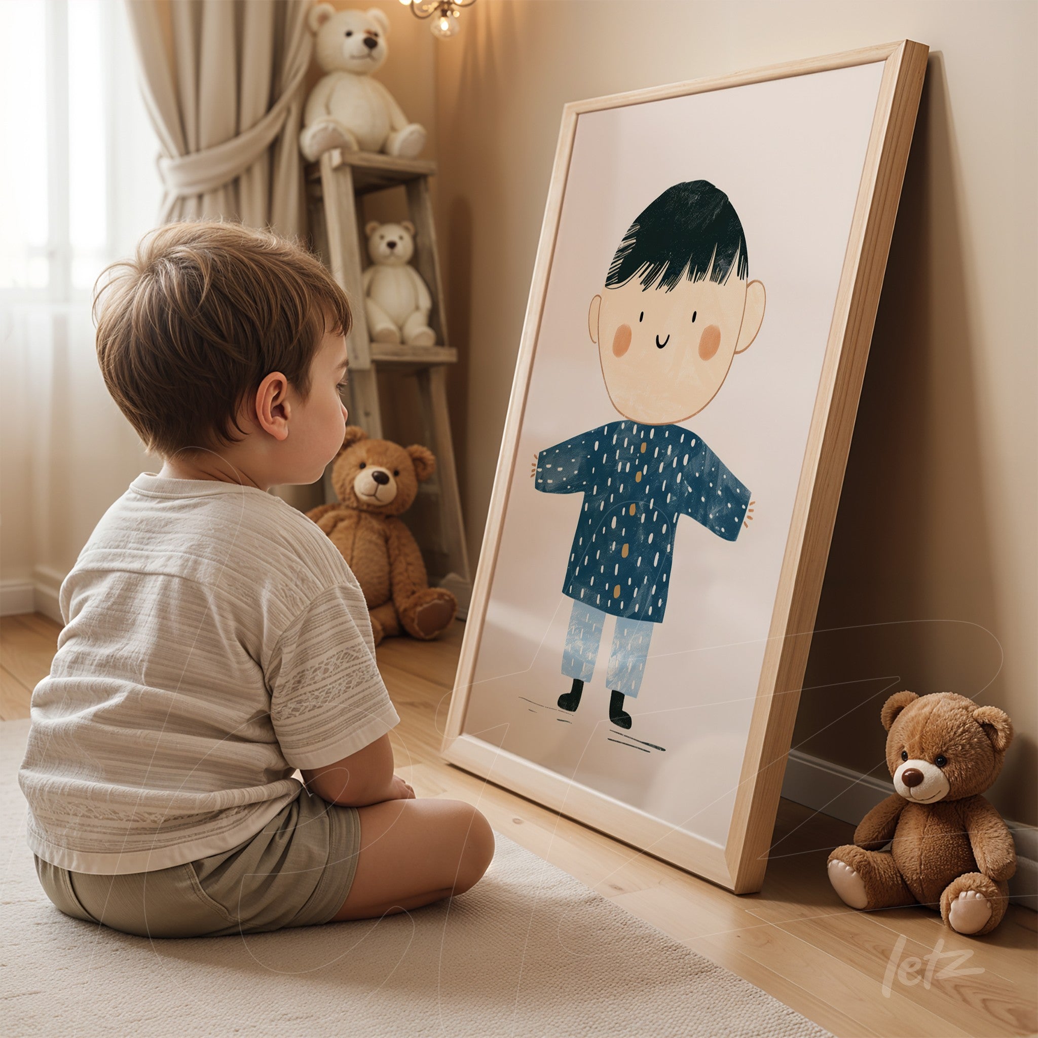 framed children's illustration of a boy wearing a blue shirt and green pants viewed by a child sitting on wooden floor