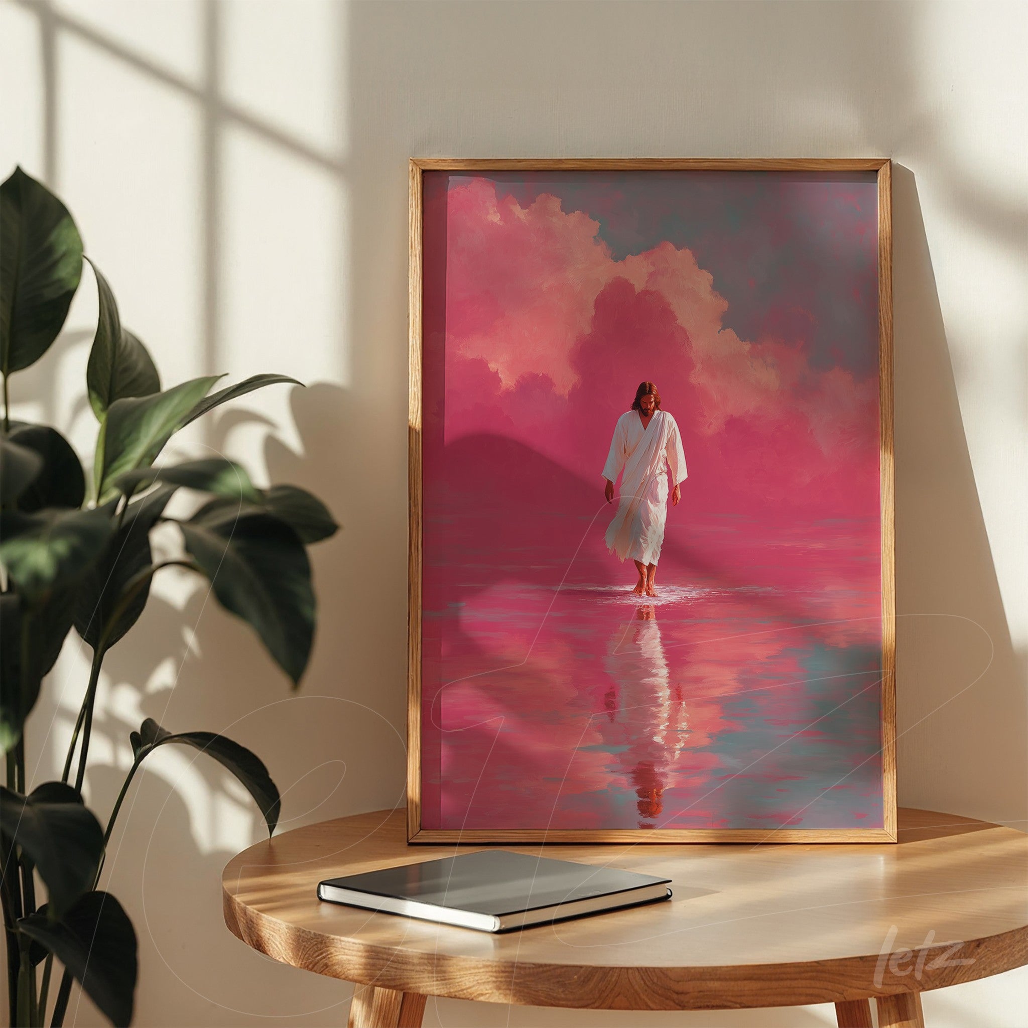 framed digital artwork of a biblical figure walking on water in shades of pink and lavender with light wood frame