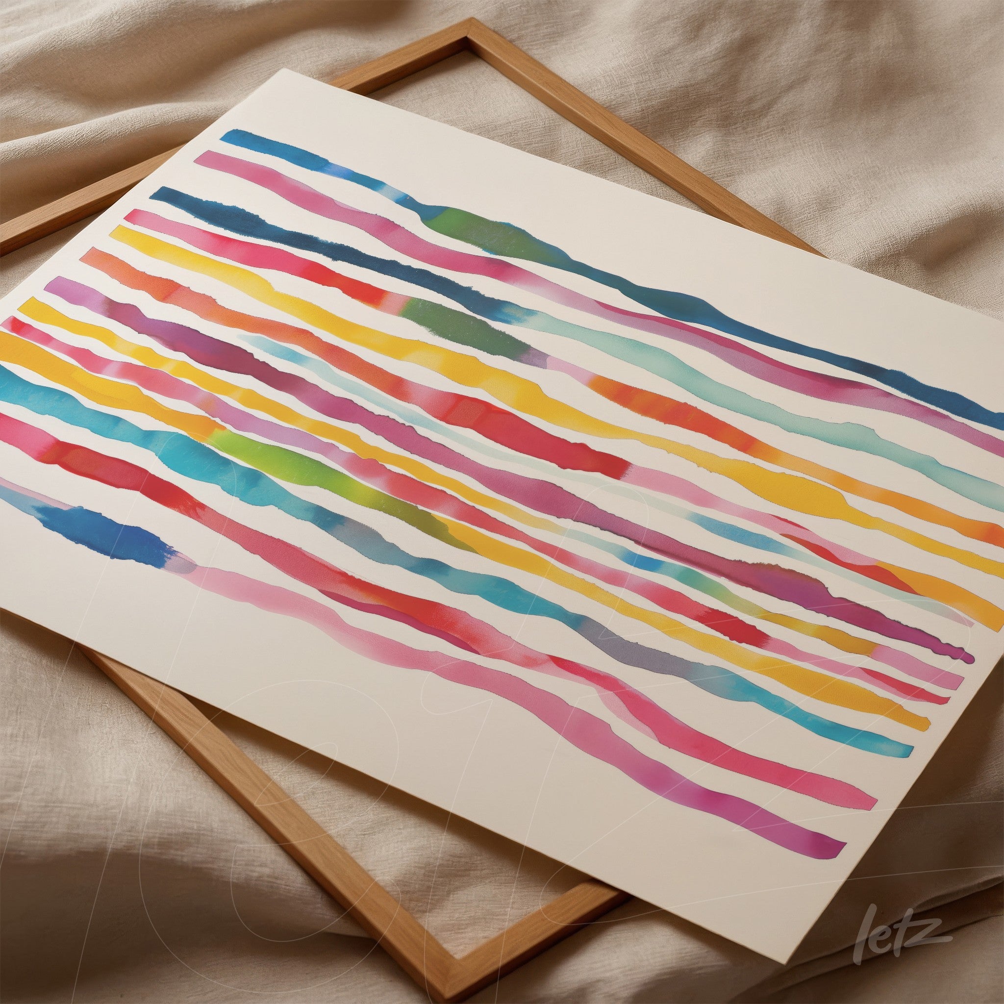 framed artwork featuring abstract colorful stripes in pink, blue, and yellow, resting on a wooden frame