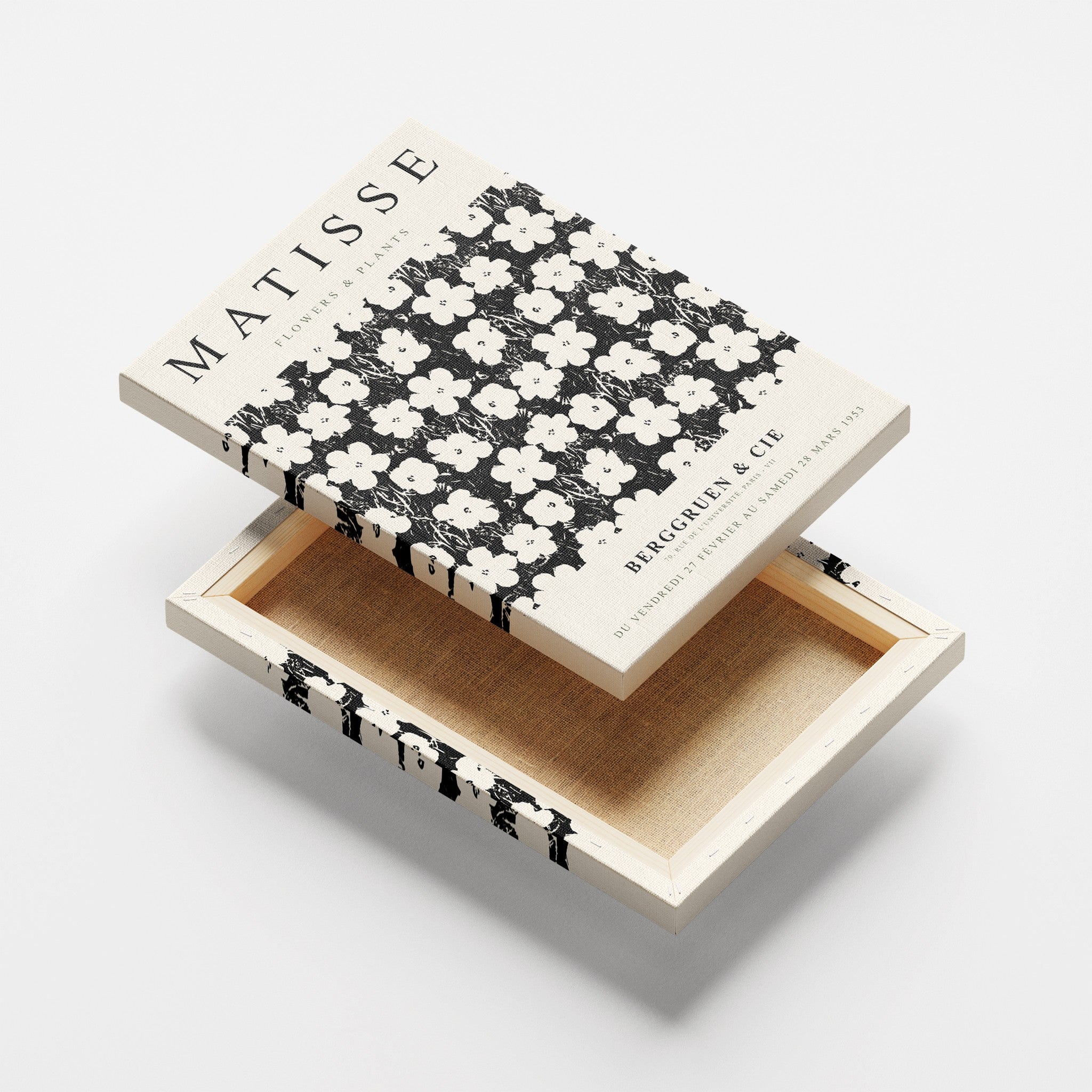 decorative box with black and white floral design inspired by Matisse's artwork