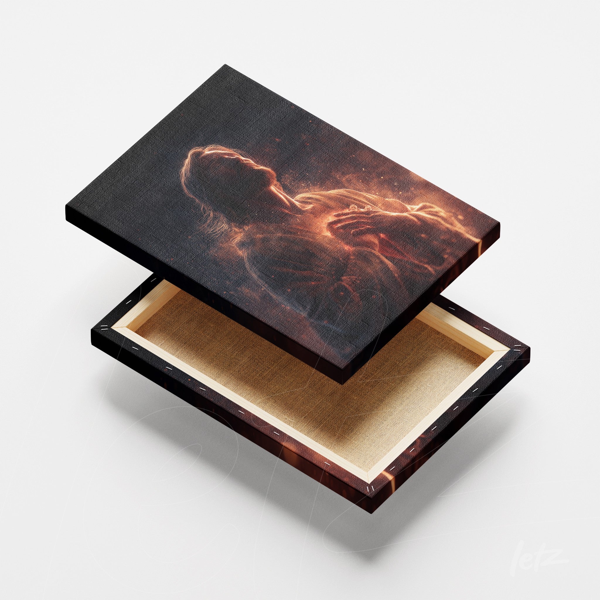 canvas art featuring an ethereal figure surrounded by light displayed against a light background