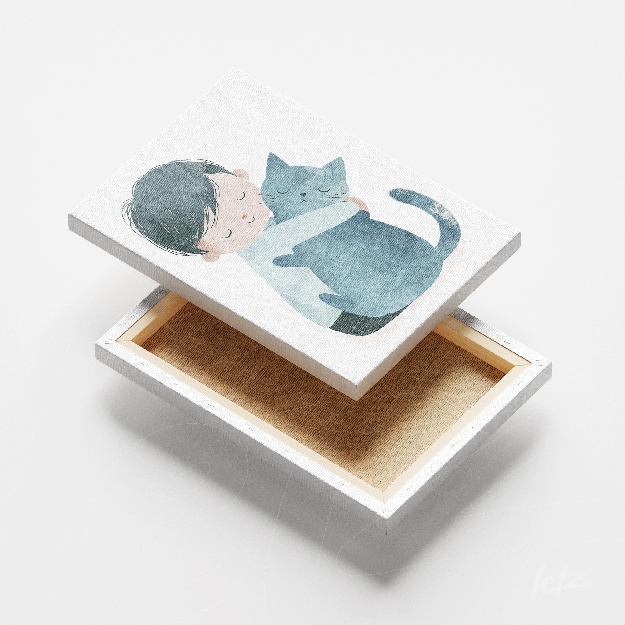 canvas print featuring an illustration of a boy hugging a blue cat against a light background