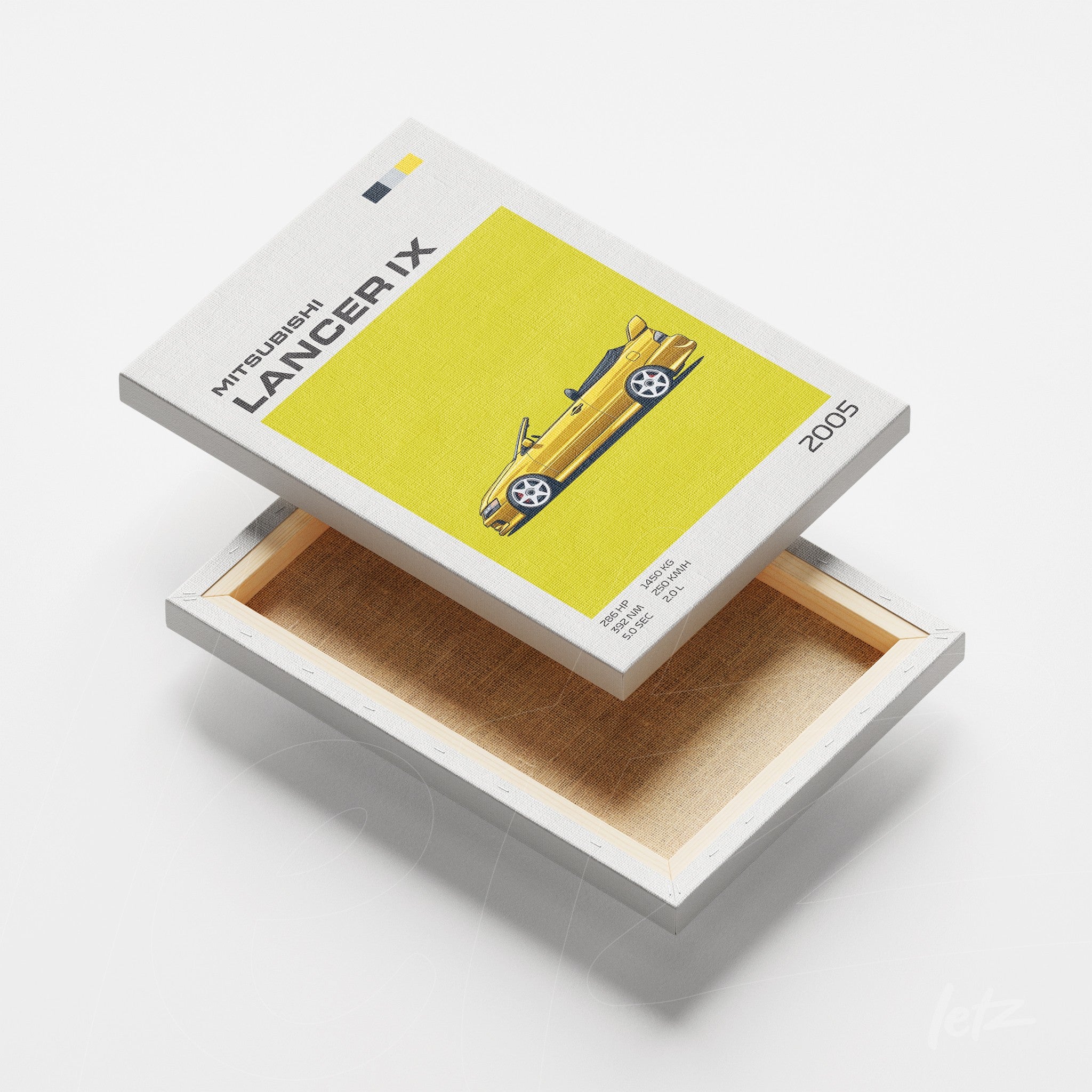 canvas art featuring a 2005 Mitsubishi Lancer IX in vibrant yellow background