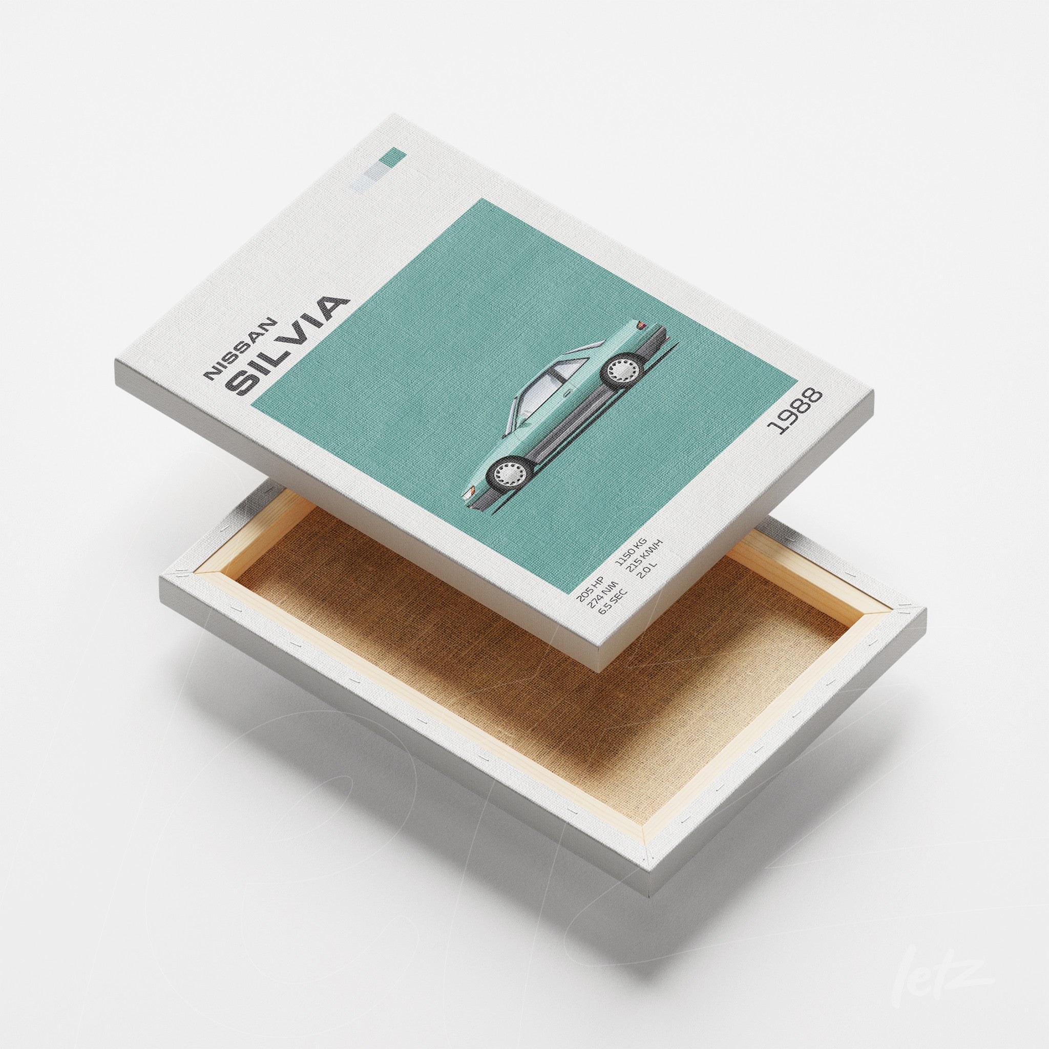 canvas print featuring illustration of 1988 Nissan Silvia with green background and white frame