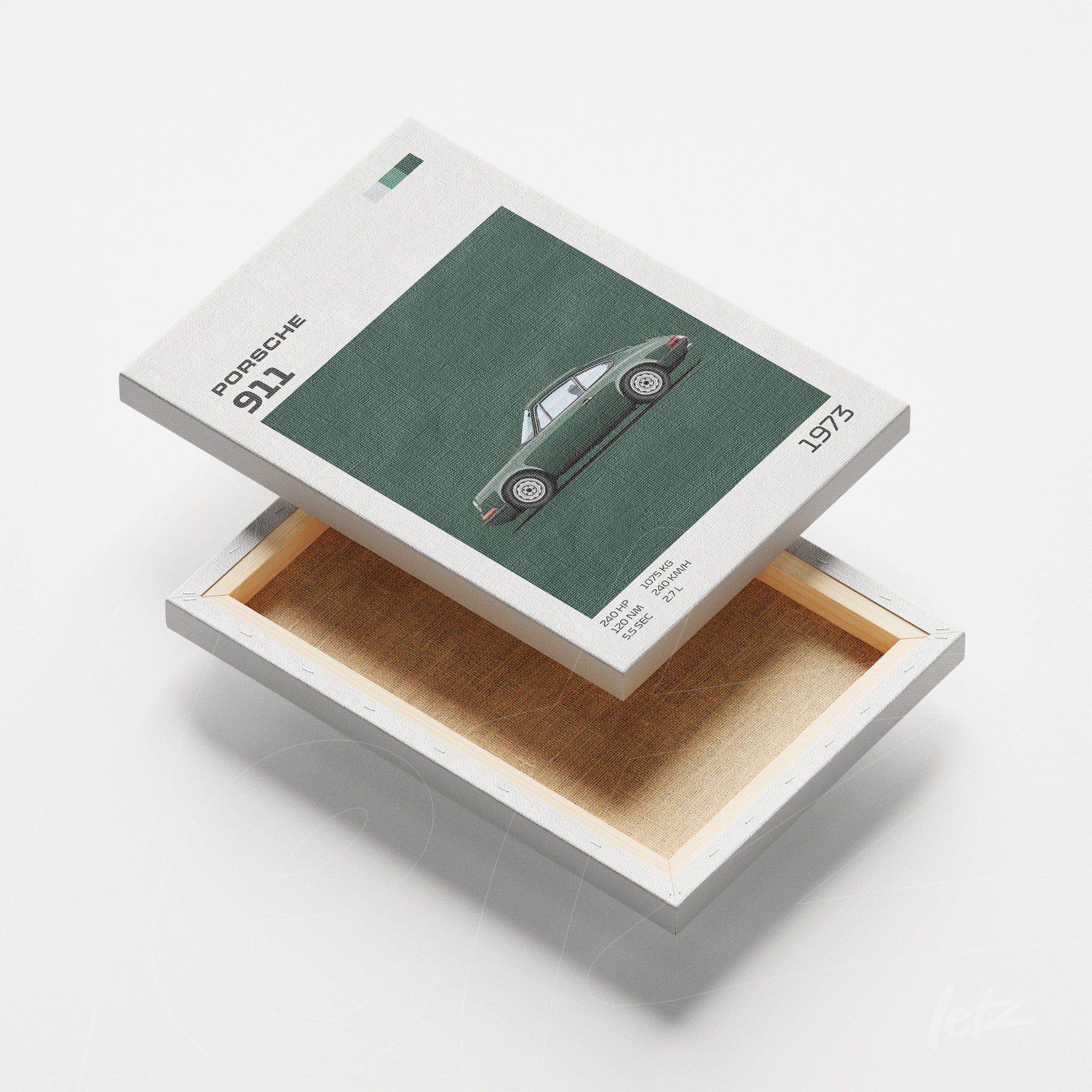 canvas print featuring an illustration of the 1973 Porsche 911 against a textured green background