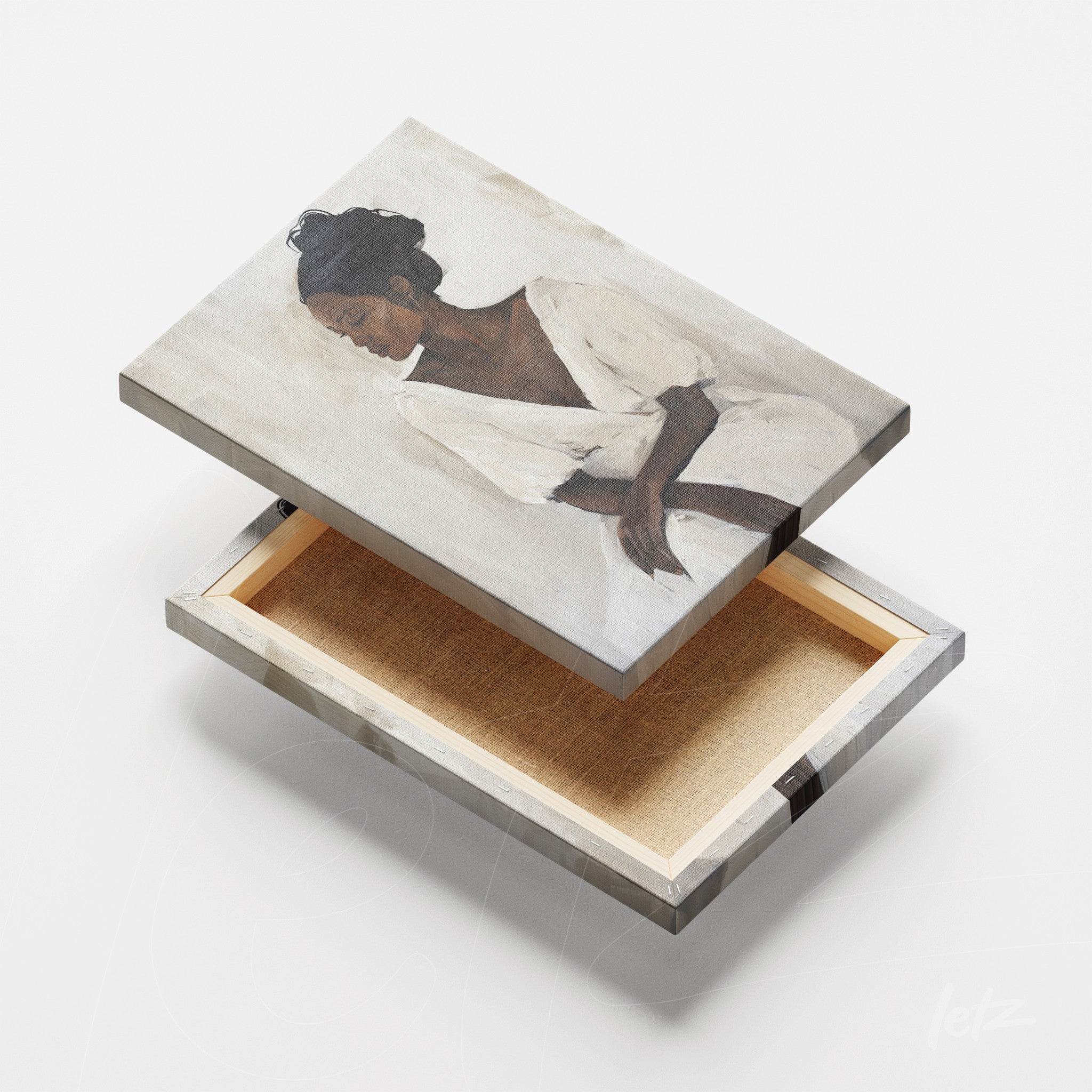 wooden box featuring minimalist art of a woman in a white dress, open showing light wood details