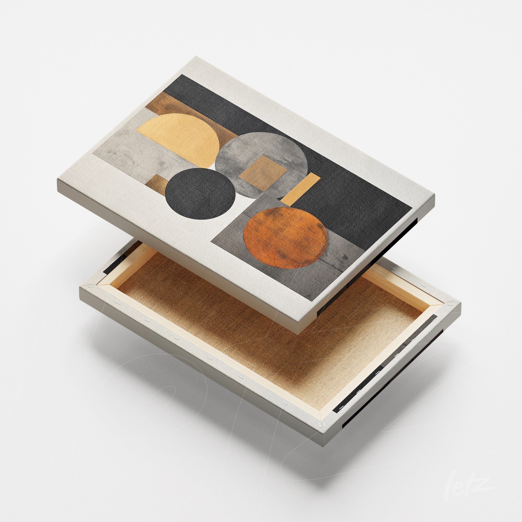 canvas art featuring an abstract composition in neutral colors with geometric shapes, slim metal frame