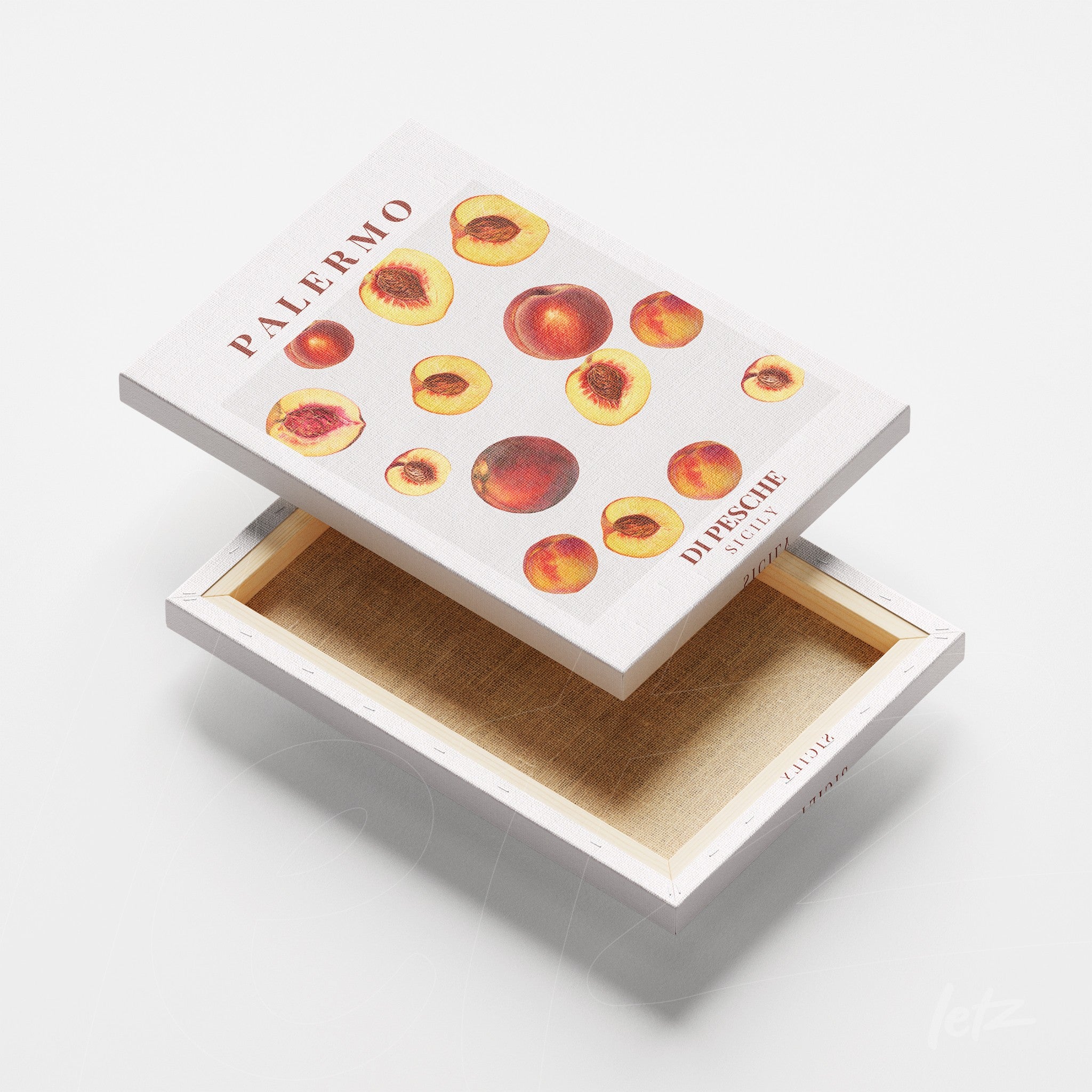 box for a framed art featuring colorful peaches on a light background with the title 'Palermo'