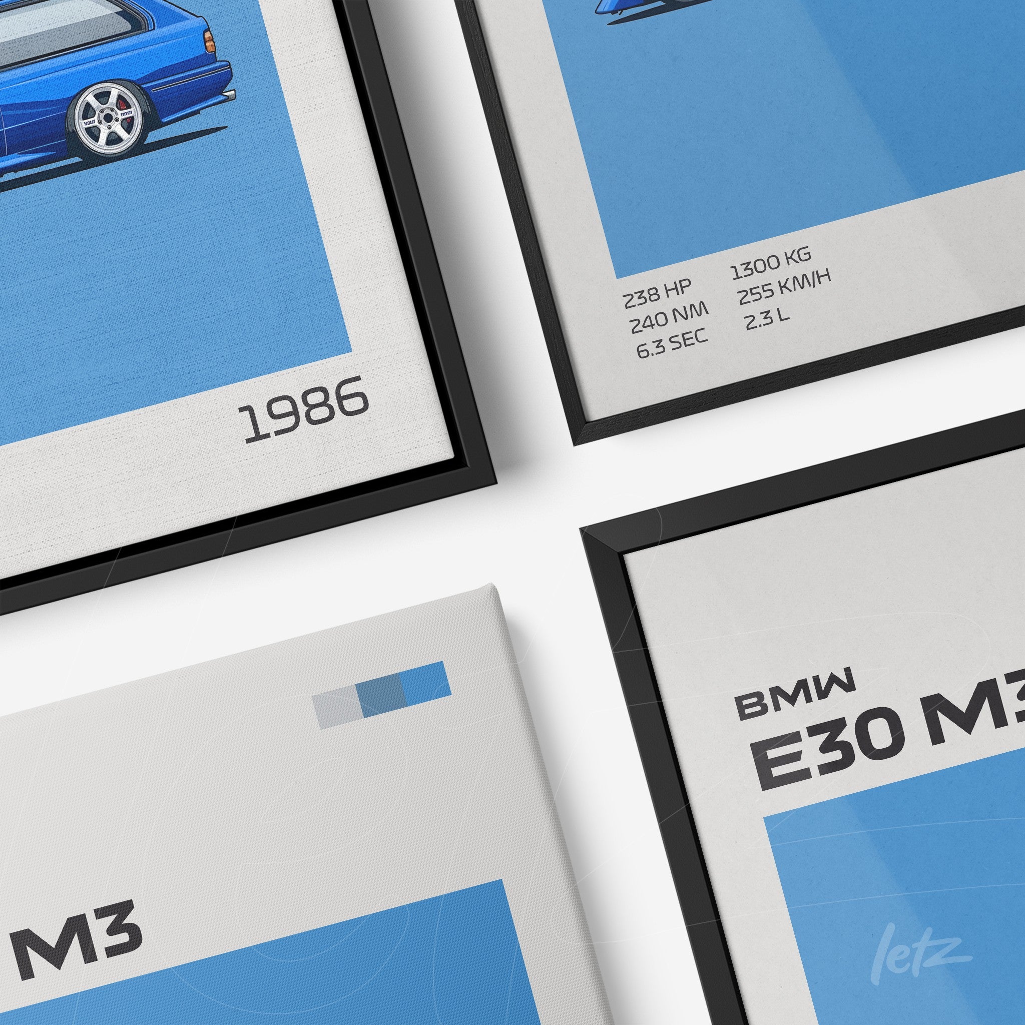 collection of illustrated wall art featuring BMW E30 M3 with black and white frames, light blue background, and modern typography details