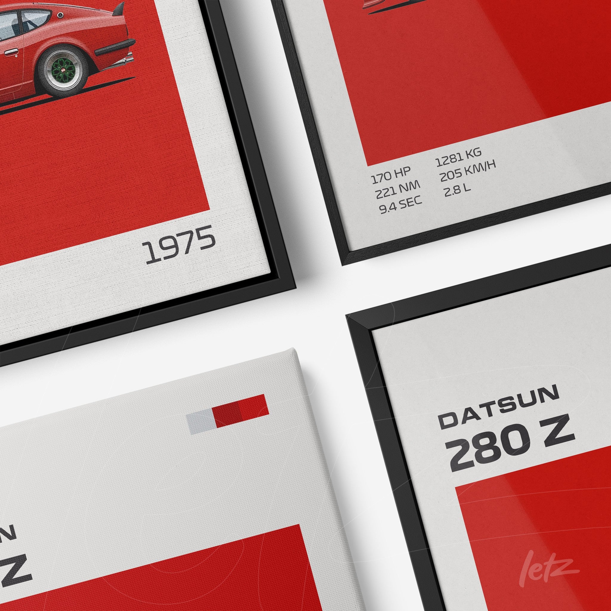 collection of framed wall art featuring vintage car illustrations of Datsun, highlighting the 280 Z model in black and white frames