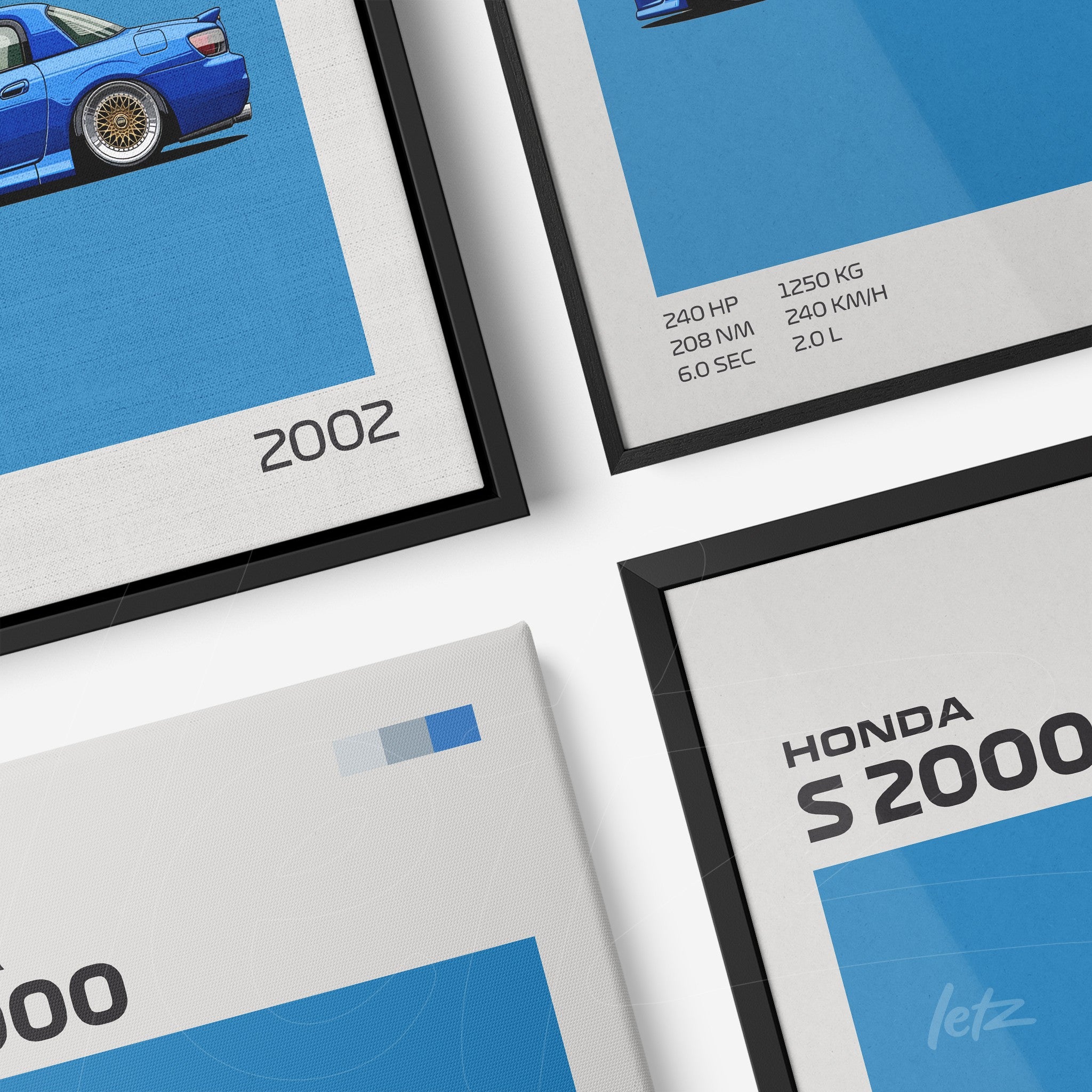 collection of framed artworks featuring minimalist car illustrations with vibrant blue background and white and black details, including technical details of the Honda S2000 model and year 2002 in black and white frames