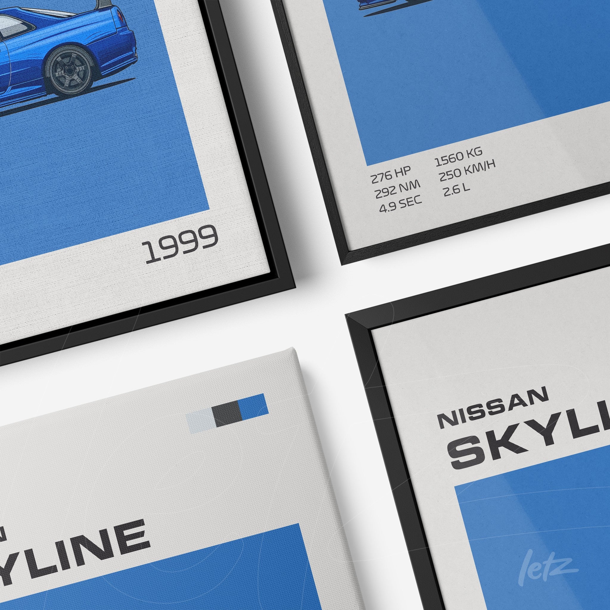 collection of decorative frames featuring illustrations of the 1999 Nissan Skyline with black and white frames