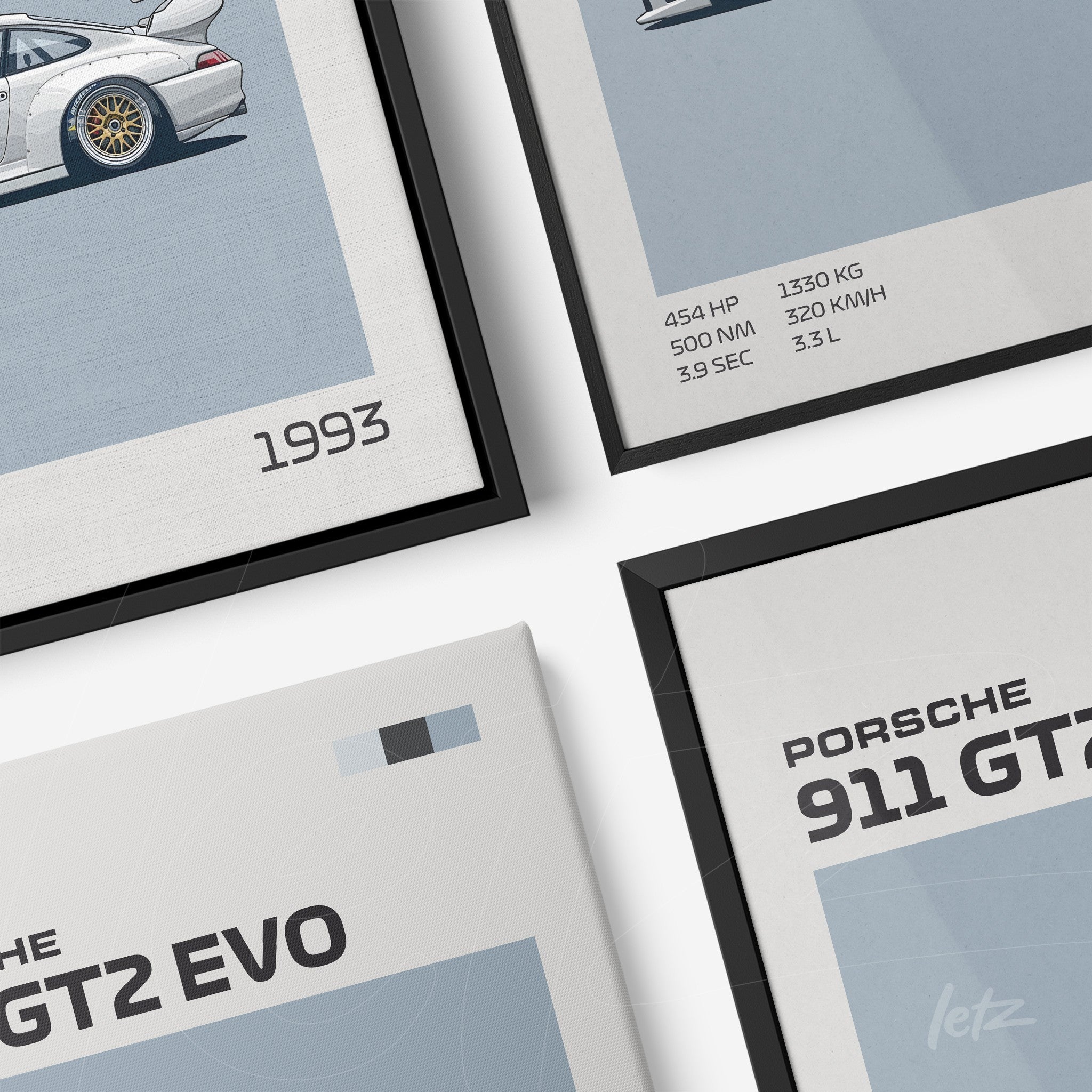 composition of framed artwork featuring sports cars, including porsche 911 gt2 evo and gt2, showcasing a blue and gray color palette