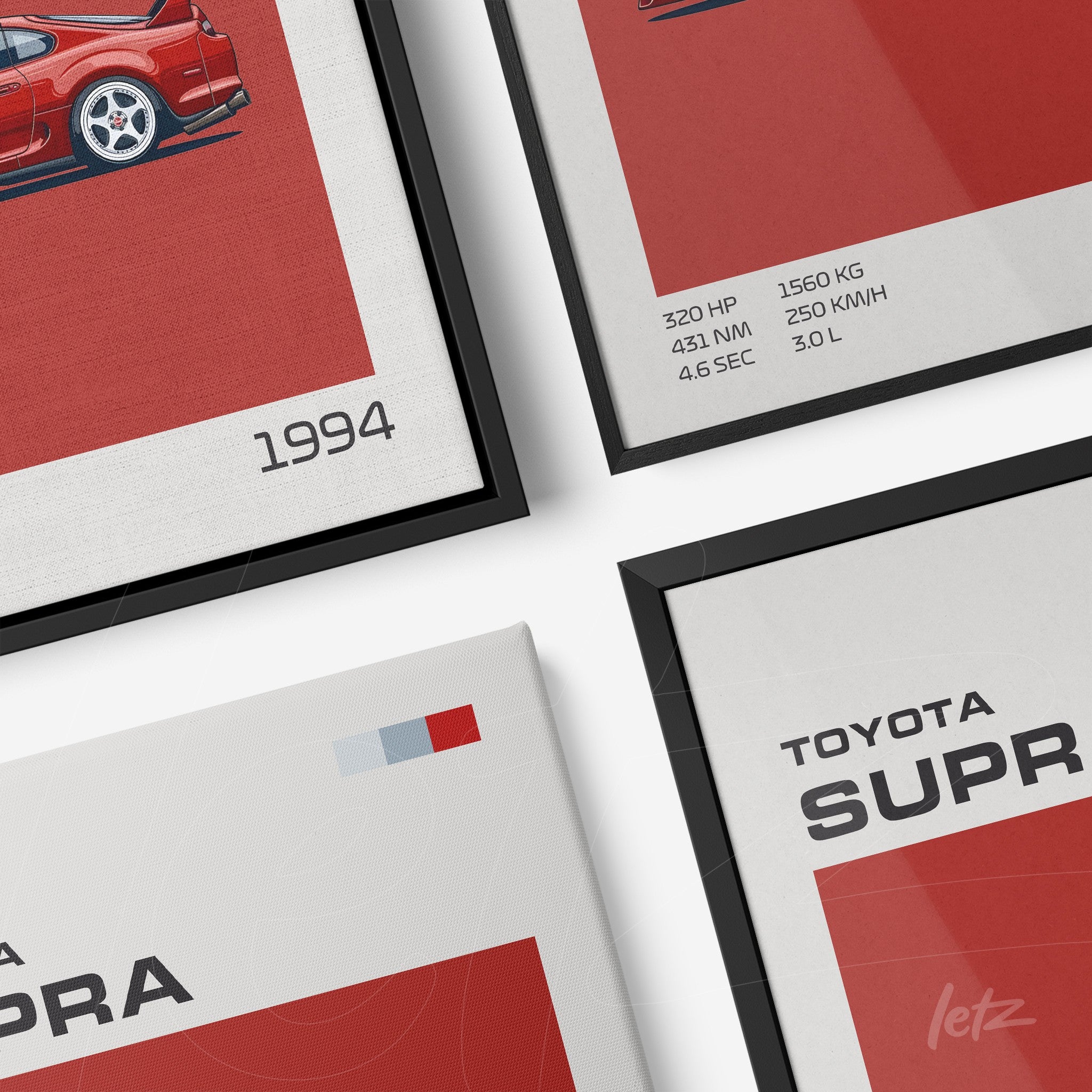 collection of framed prints featuring a minimalist illustration of the Toyota Supra with technical specifications displayed alongside