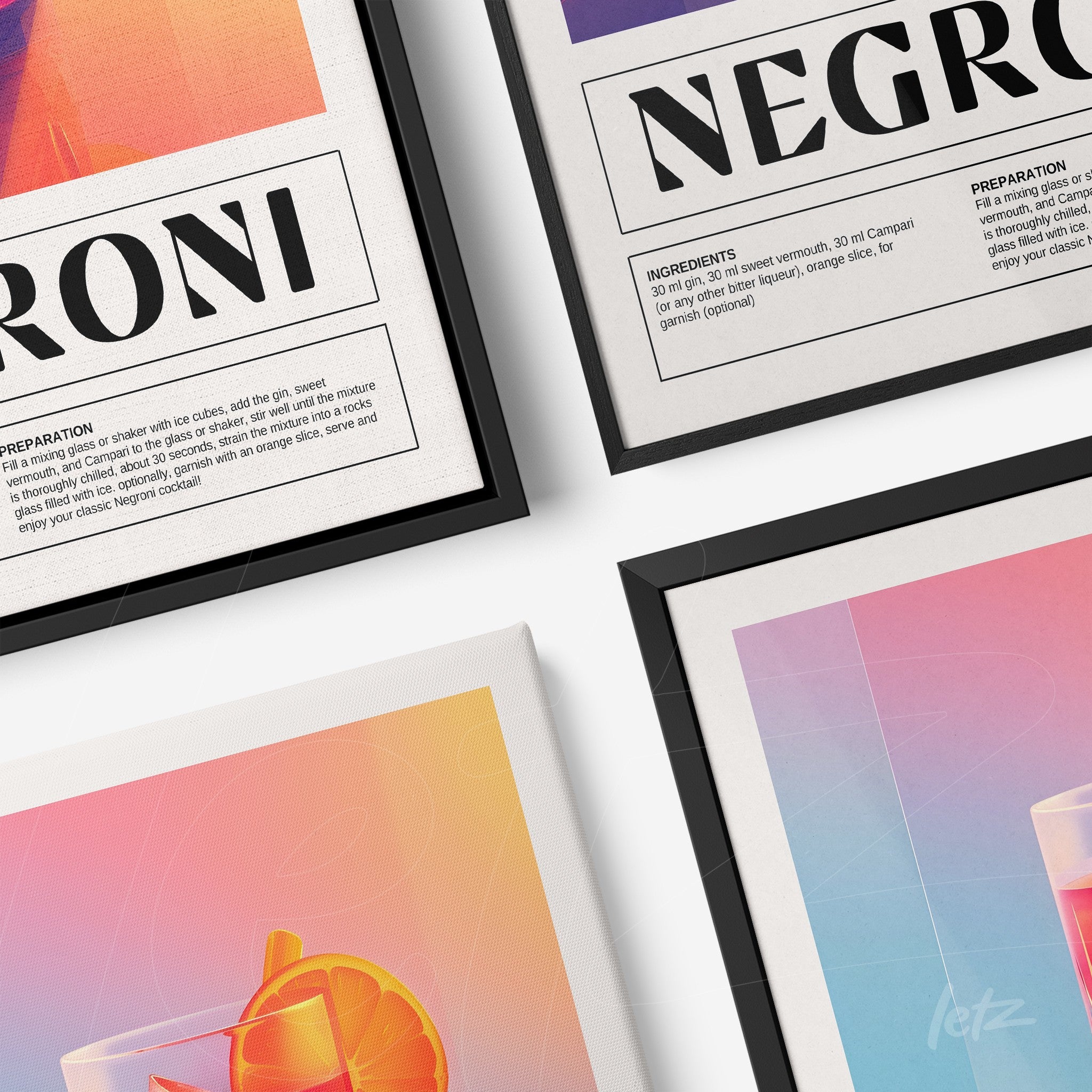 set of decorative wall art featuring digital illustrations of cocktails, including ingredients and preparation steps, framed in black with colorful gradient backgrounds