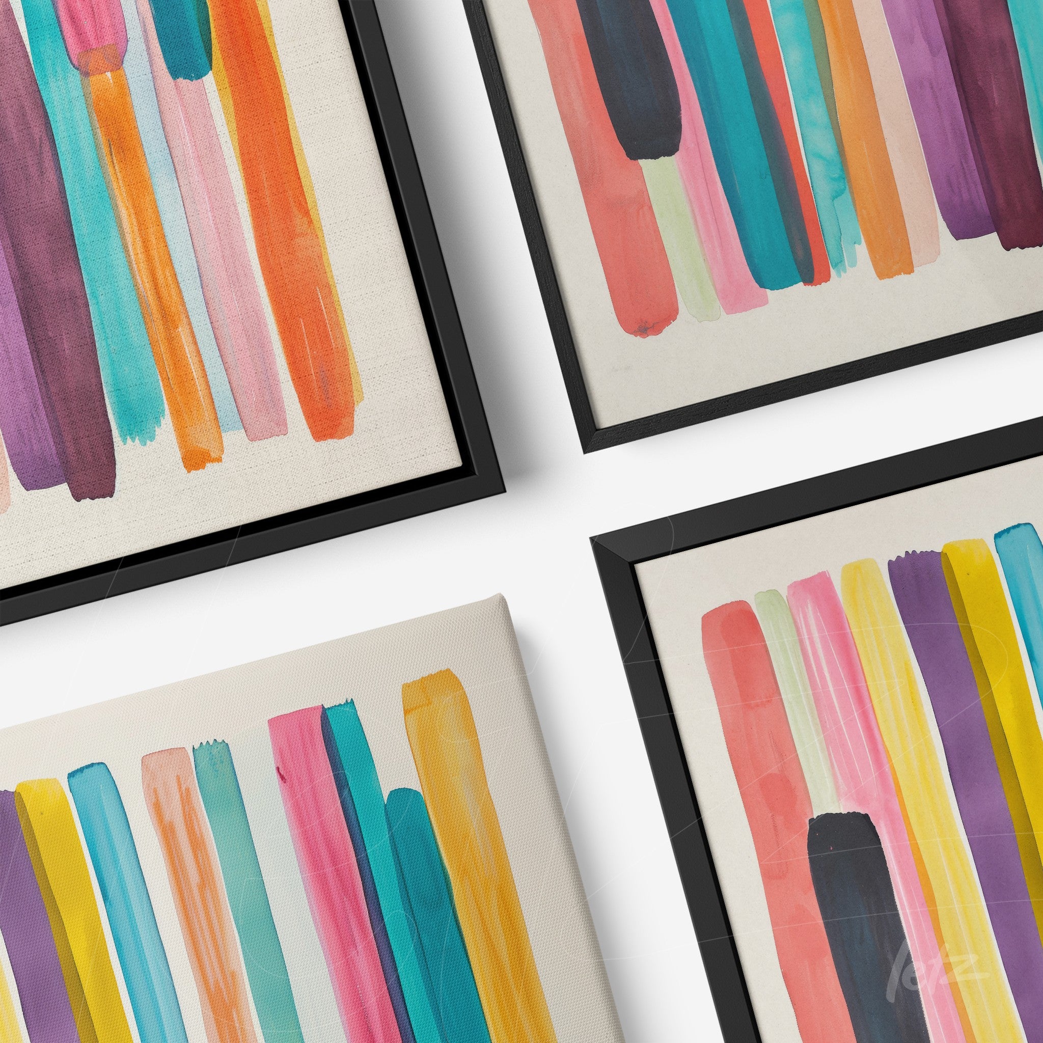 collection of framed wall art featuring abstract colorful stripes with black frames