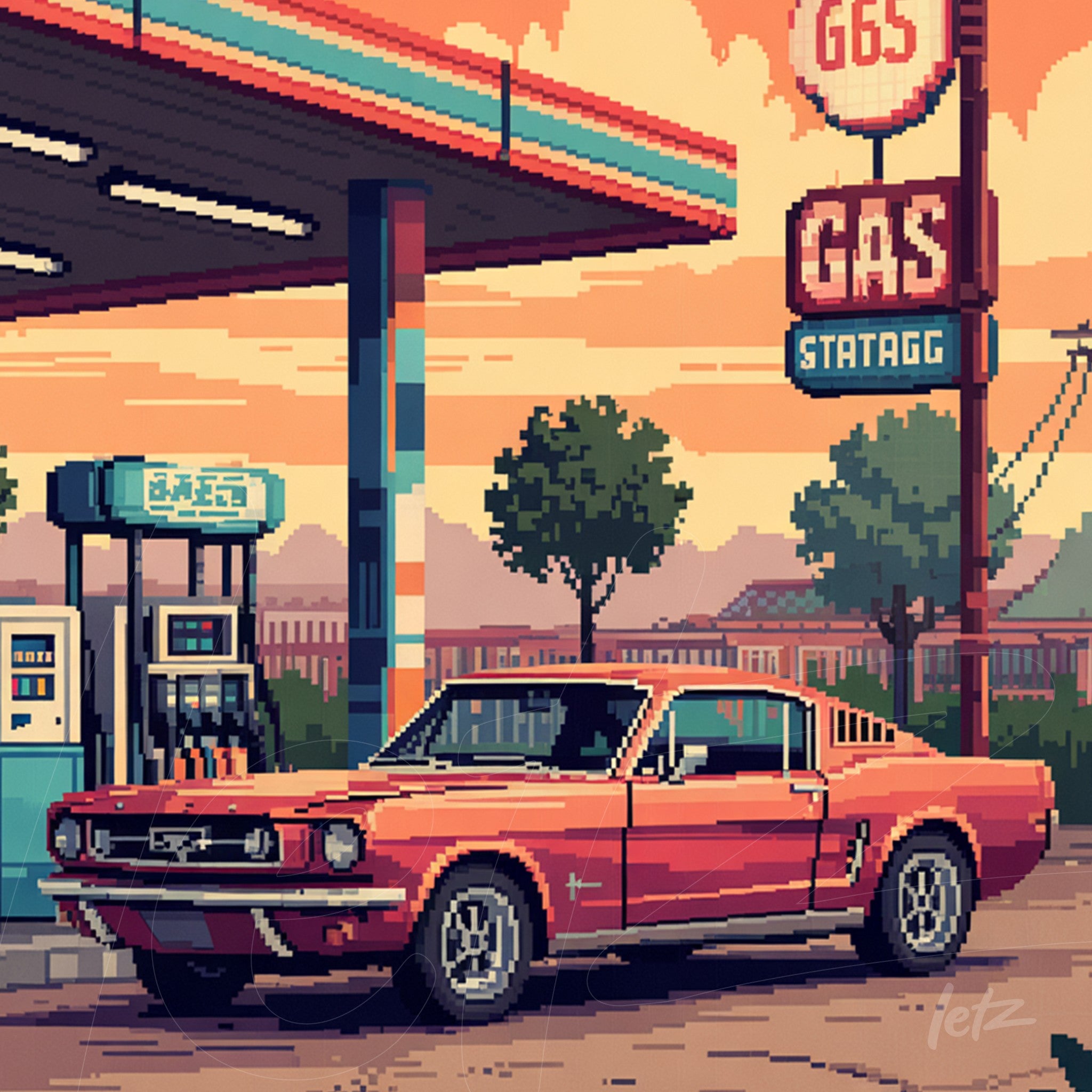pixel art depicting a red Mustang car parked at a vintage gas station during sunset