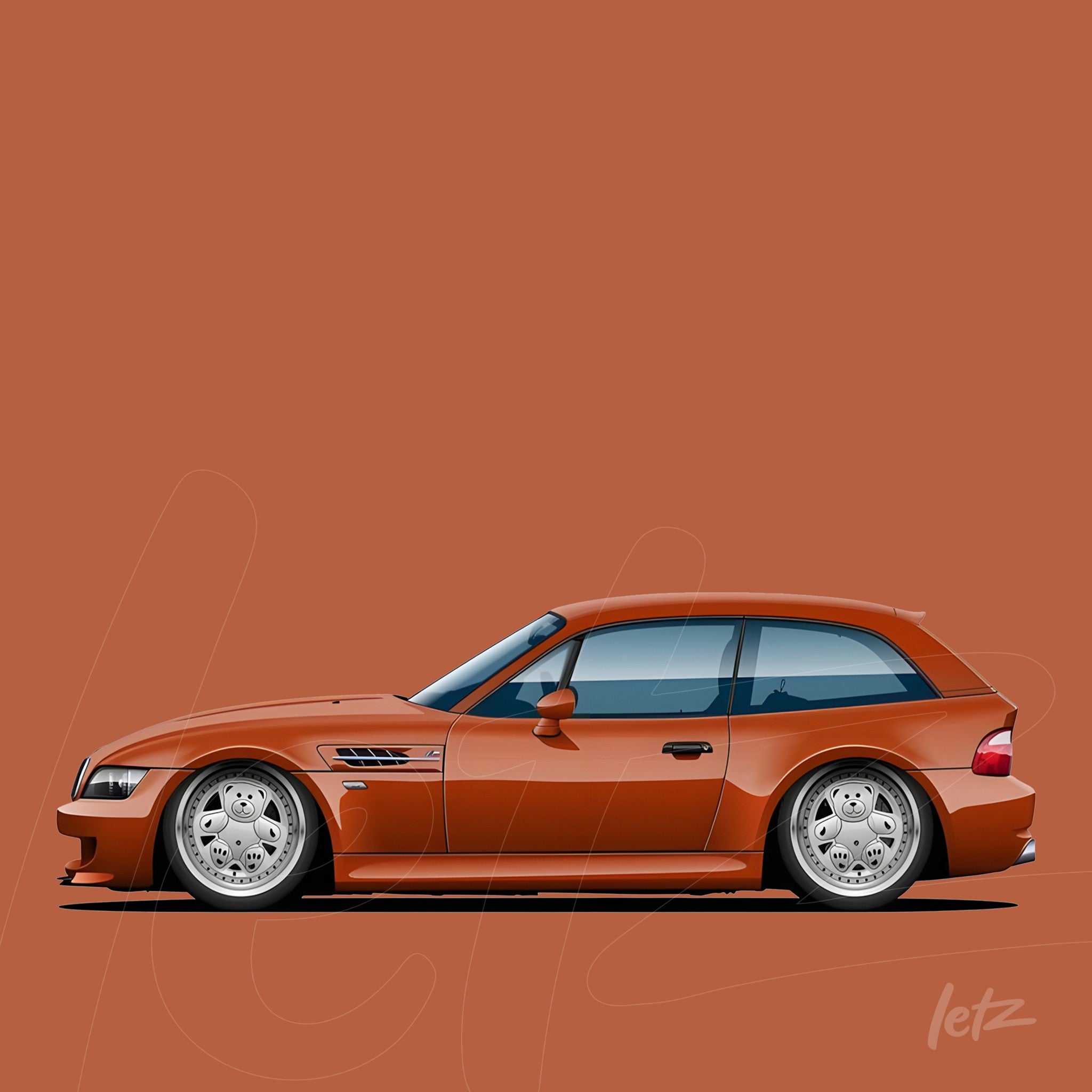 illustration of an orange sports car with large wheels displayed against a brown background