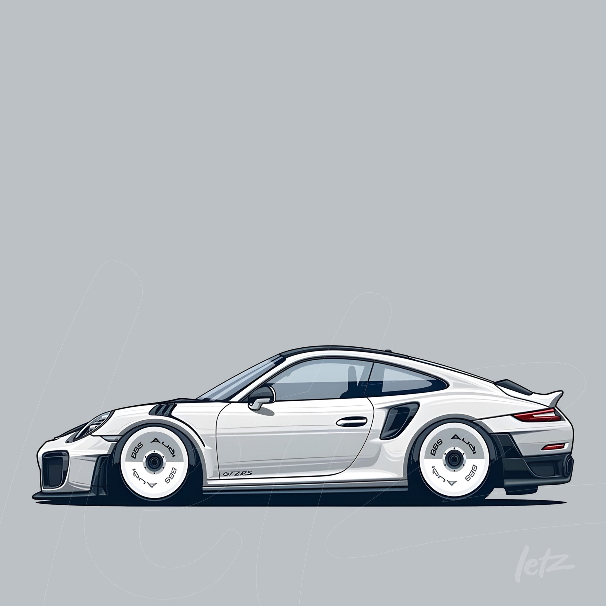digital illustration of a white sports car with wide wheels against a gray background