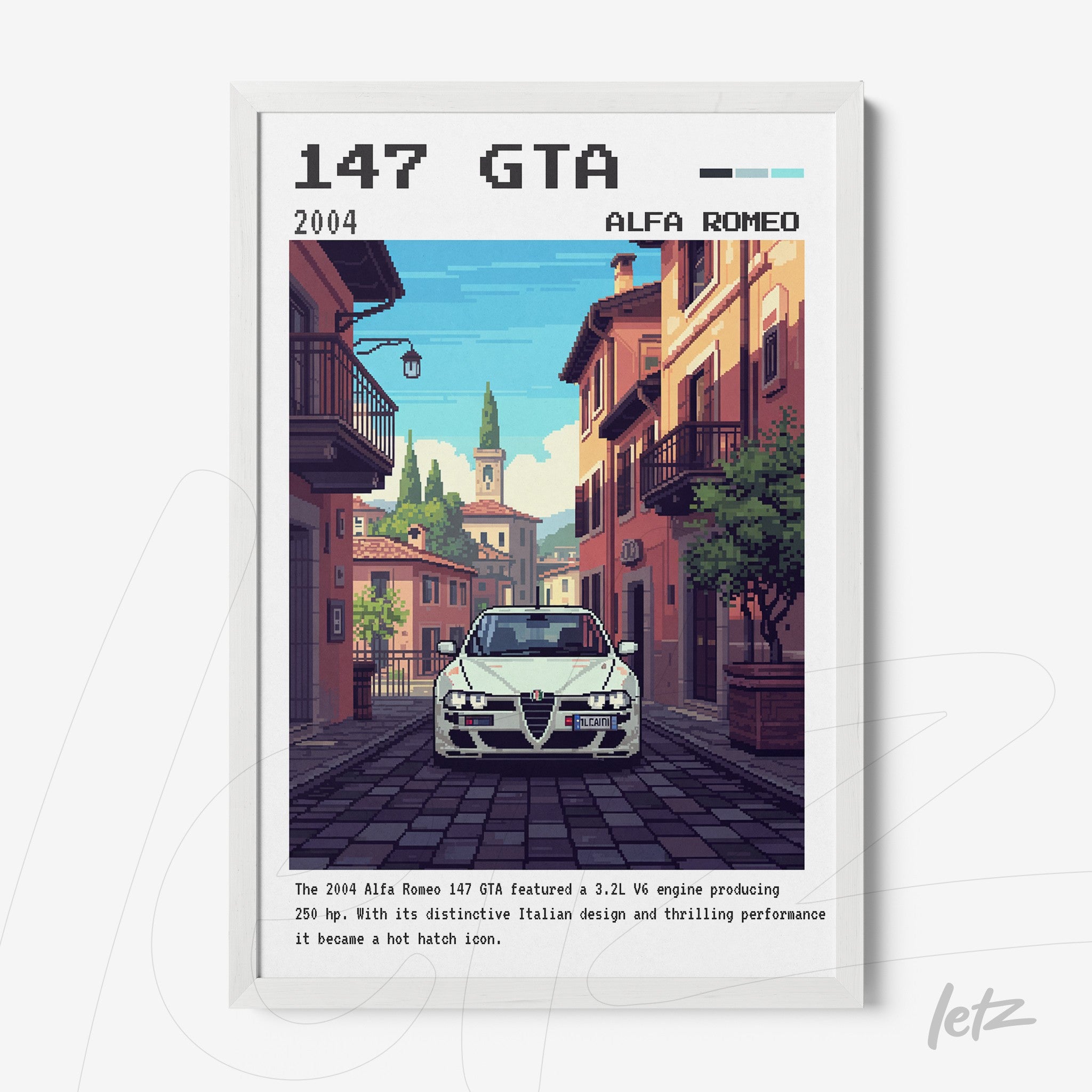 retro digital art of Alfa Romeo 147 GTA car on an Italian street with white frame