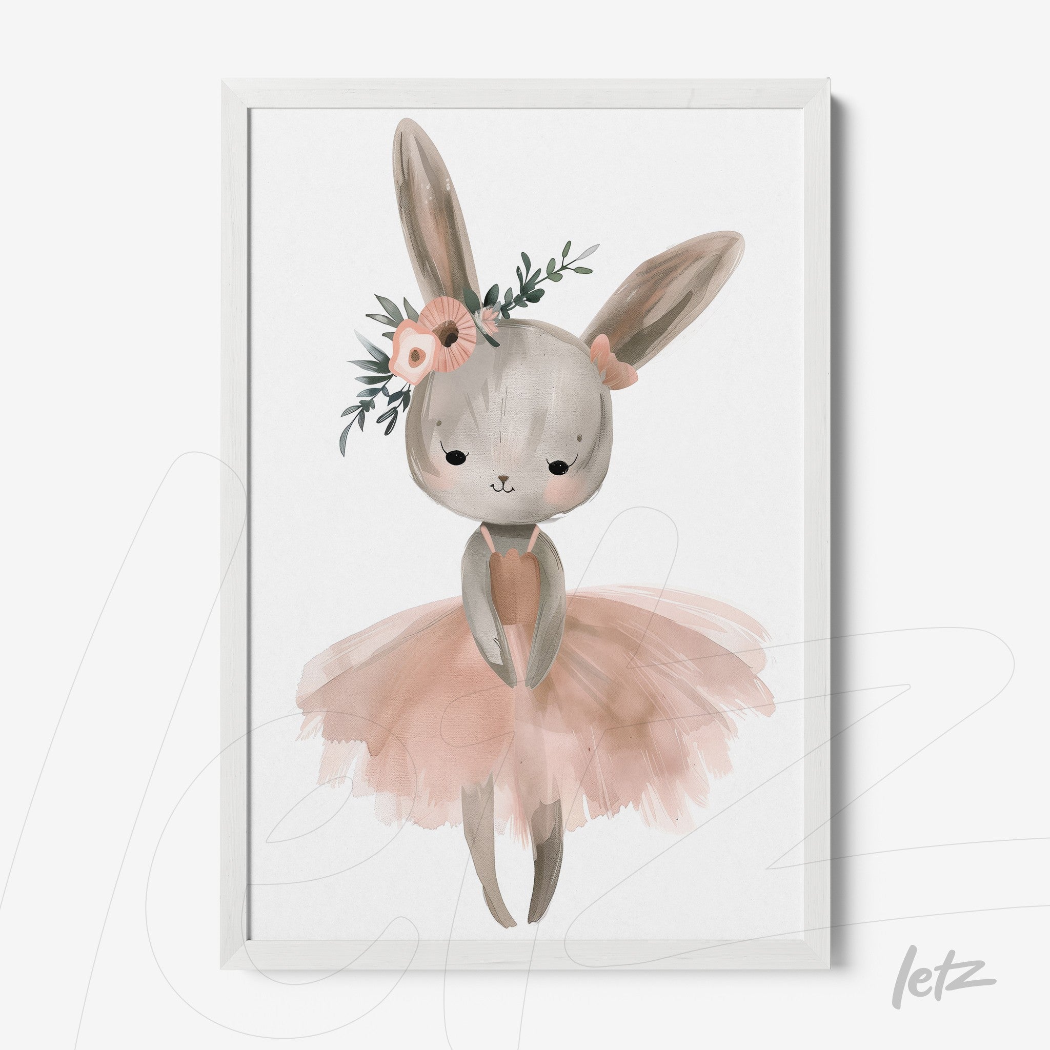 framed artwork of a ballerina bunny in a pink tutu with a white frame and light background