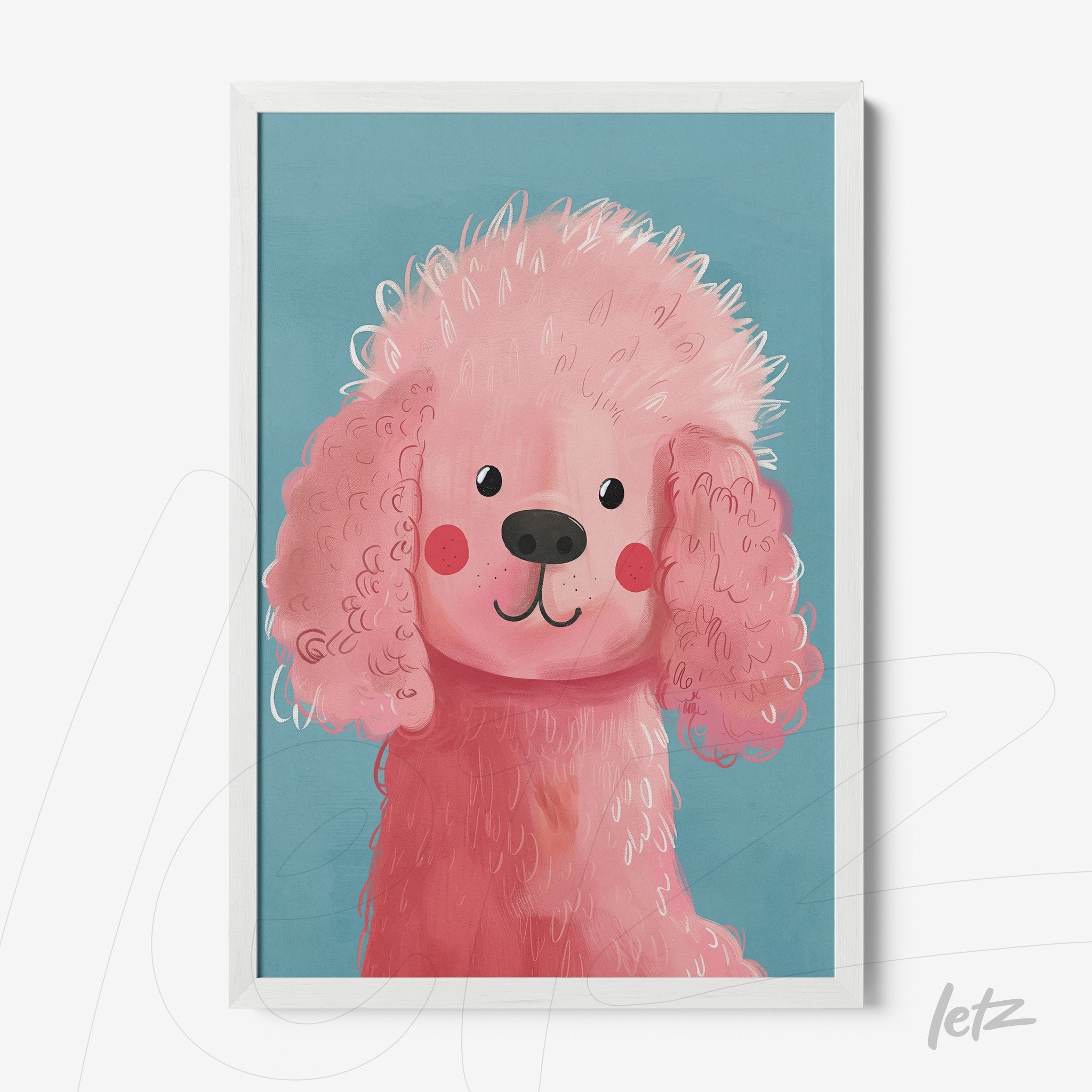 framed artwork of a stylized pink dog illustration against a blue background with a white frame