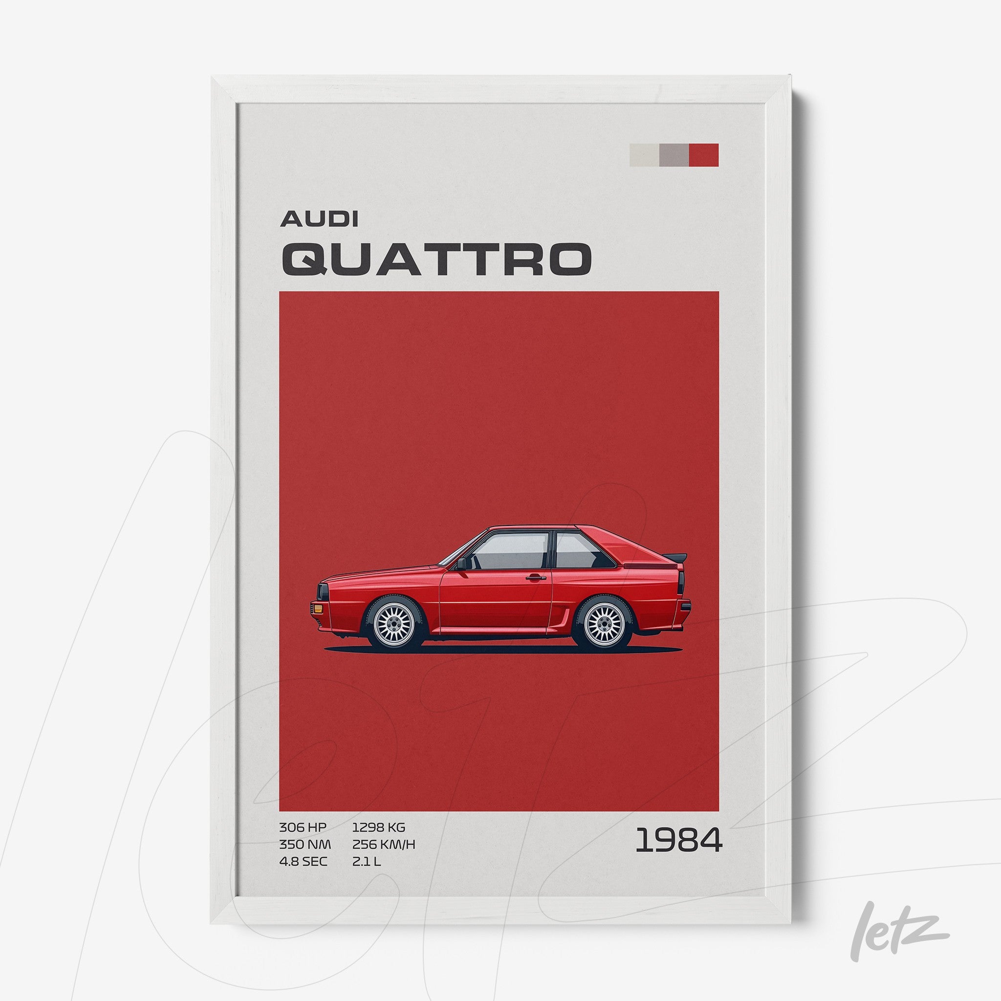 digital artwork of the 1984 Audi Quattro in a white frame, solid red background with car specifications
