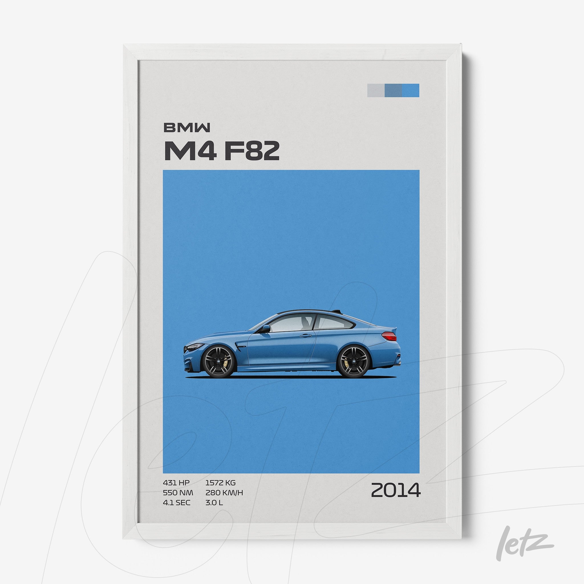 framed digital art of BMW M4 F82 car on blue background with white frame
