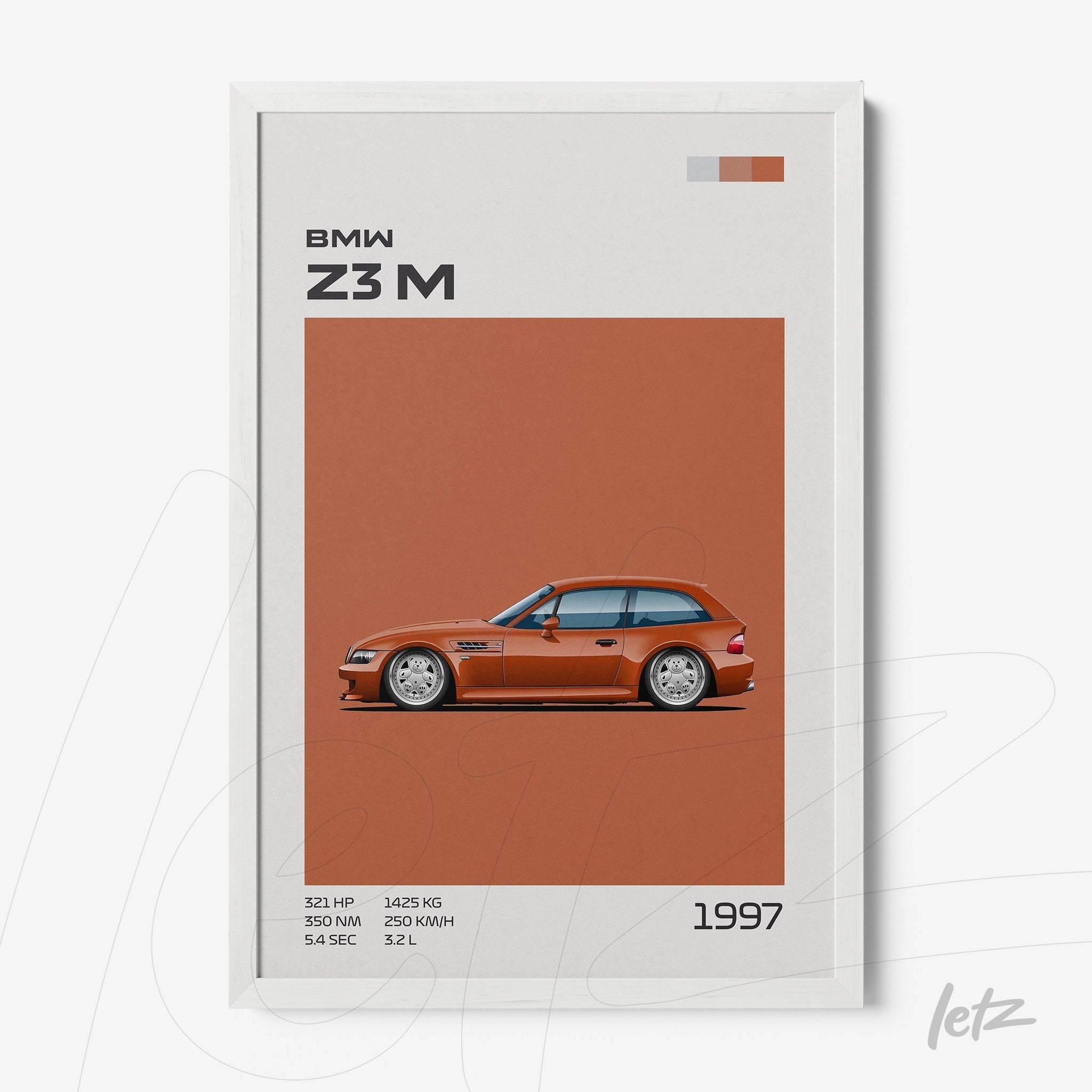 framed artwork featuring a bmw z3 m car illustration on terracotta background with white frame
