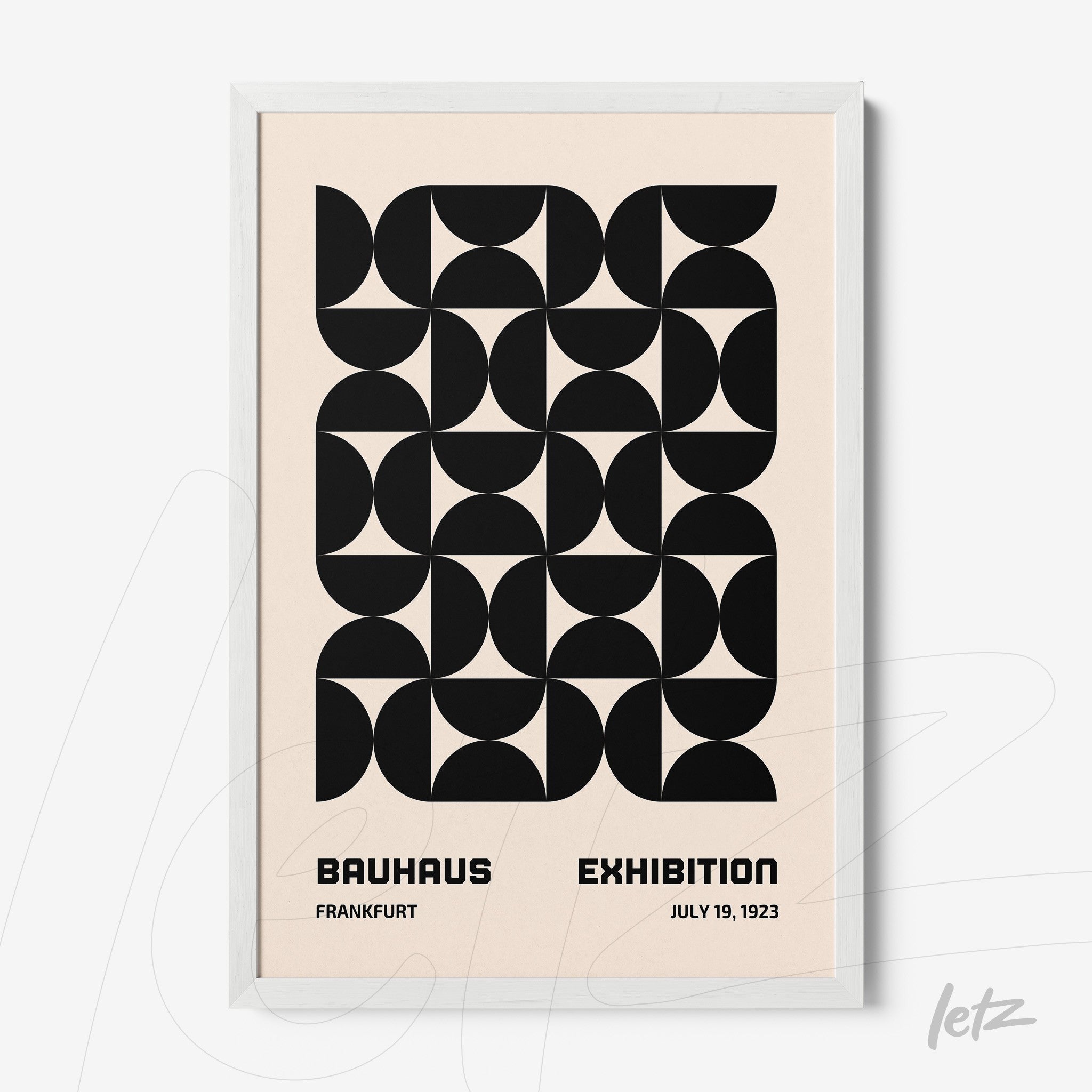 poster featuring black geometric design on a light background with a white frame