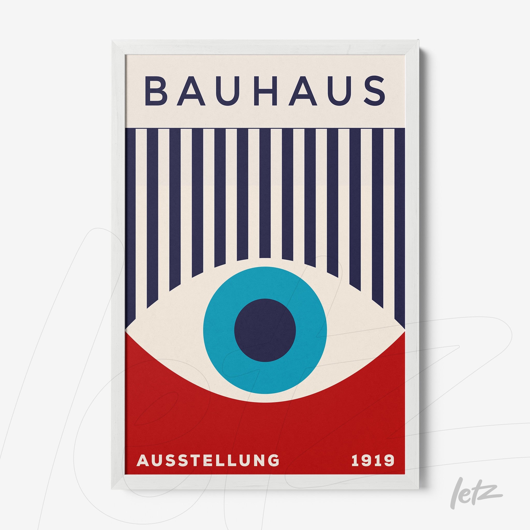 poster featuring geometric bauhaus school illustration in a white frame