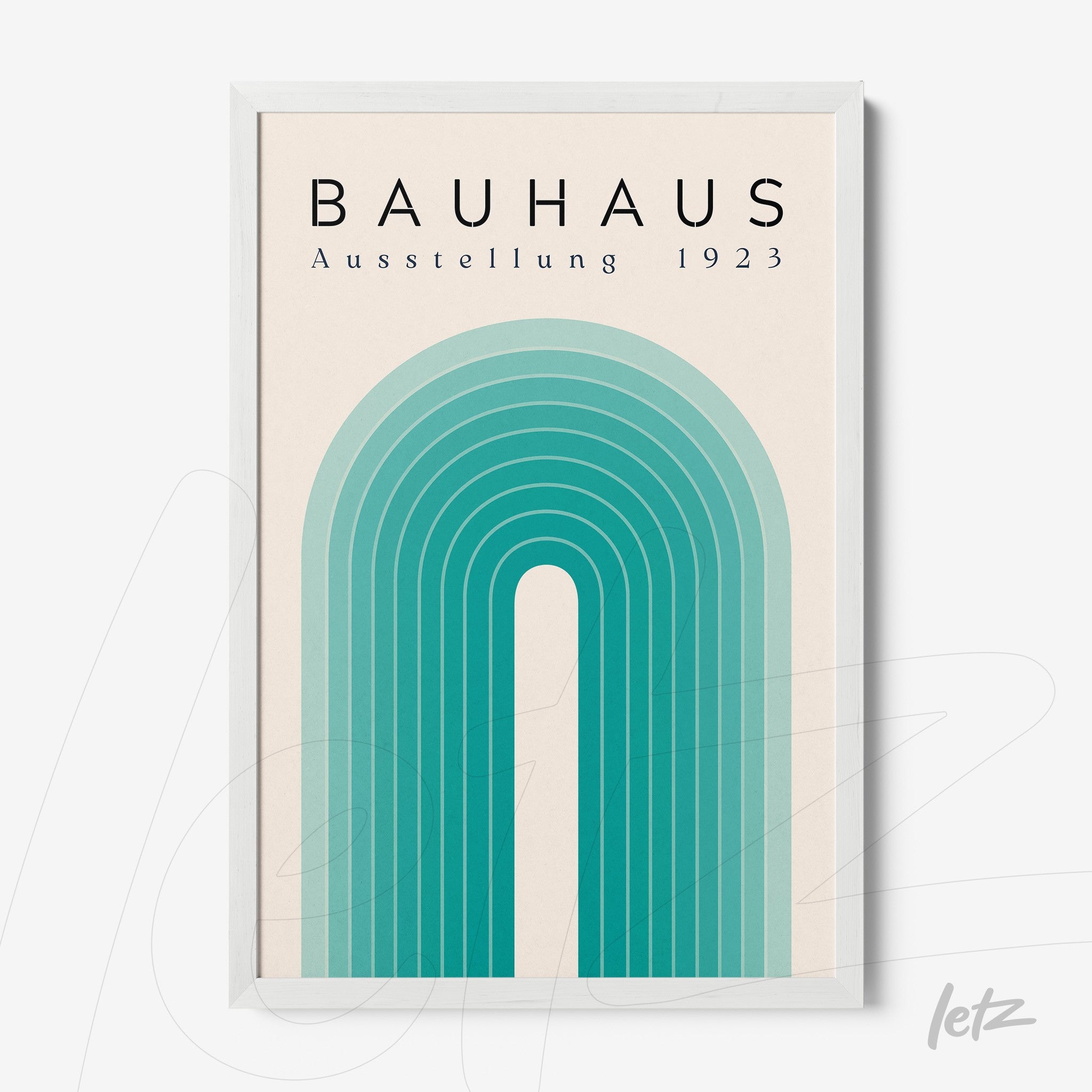 poster print featuring geometric design in shades of blue inspired by Bauhaus style with white frame