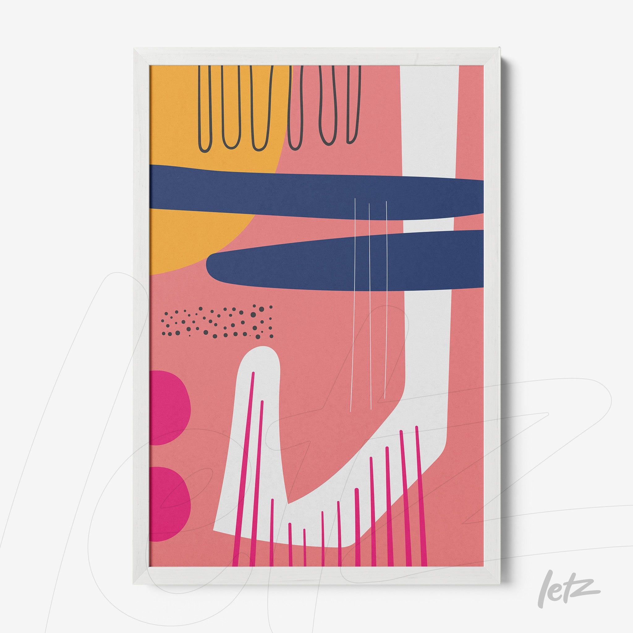 quadro abstrato em tons boho com moldura branca, apresentando formas geométricas em rosa, azul e amarelo sobre fundo rosa