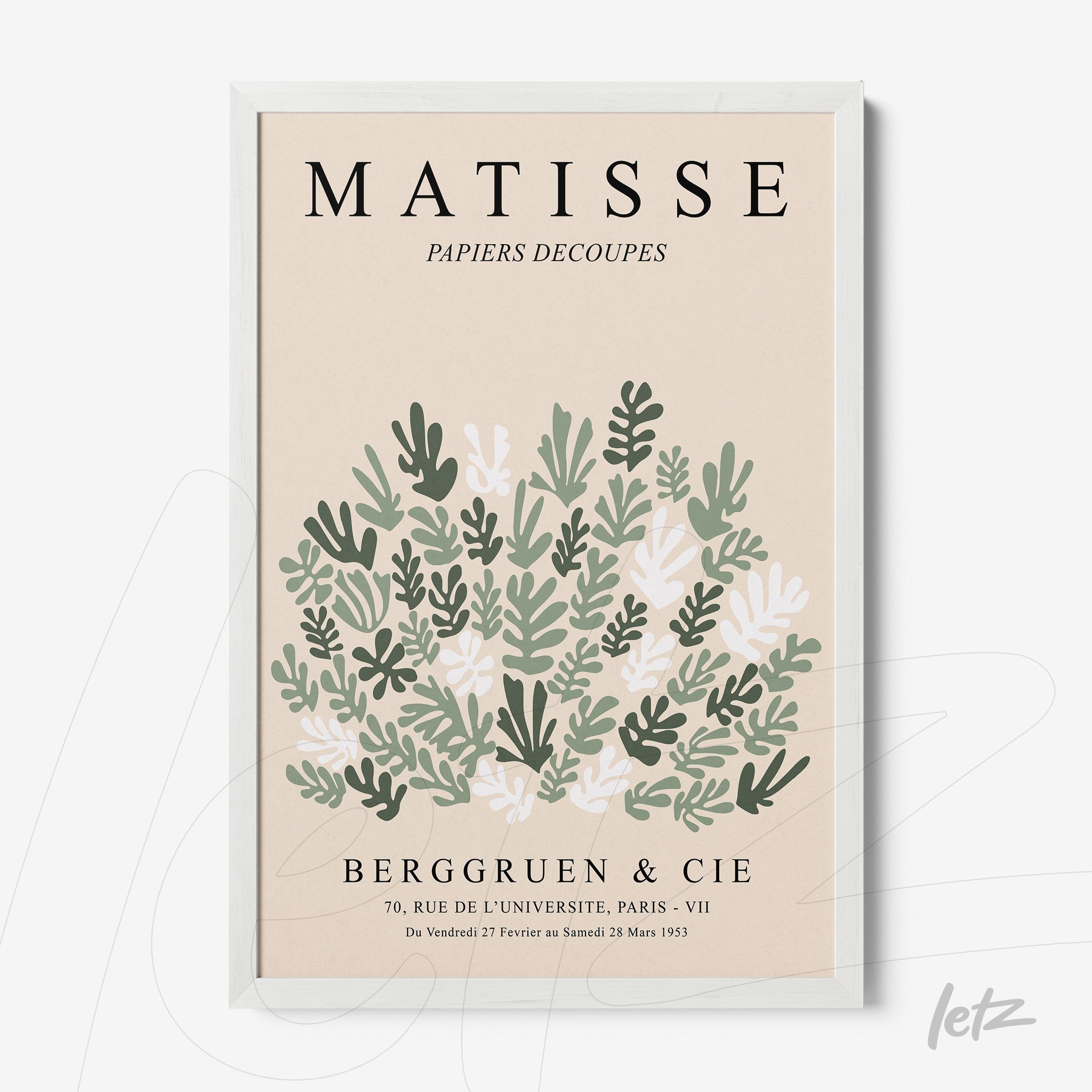 framed wall art featuring stylized botanical design with green and white leaves on light background, black typography, and white frame