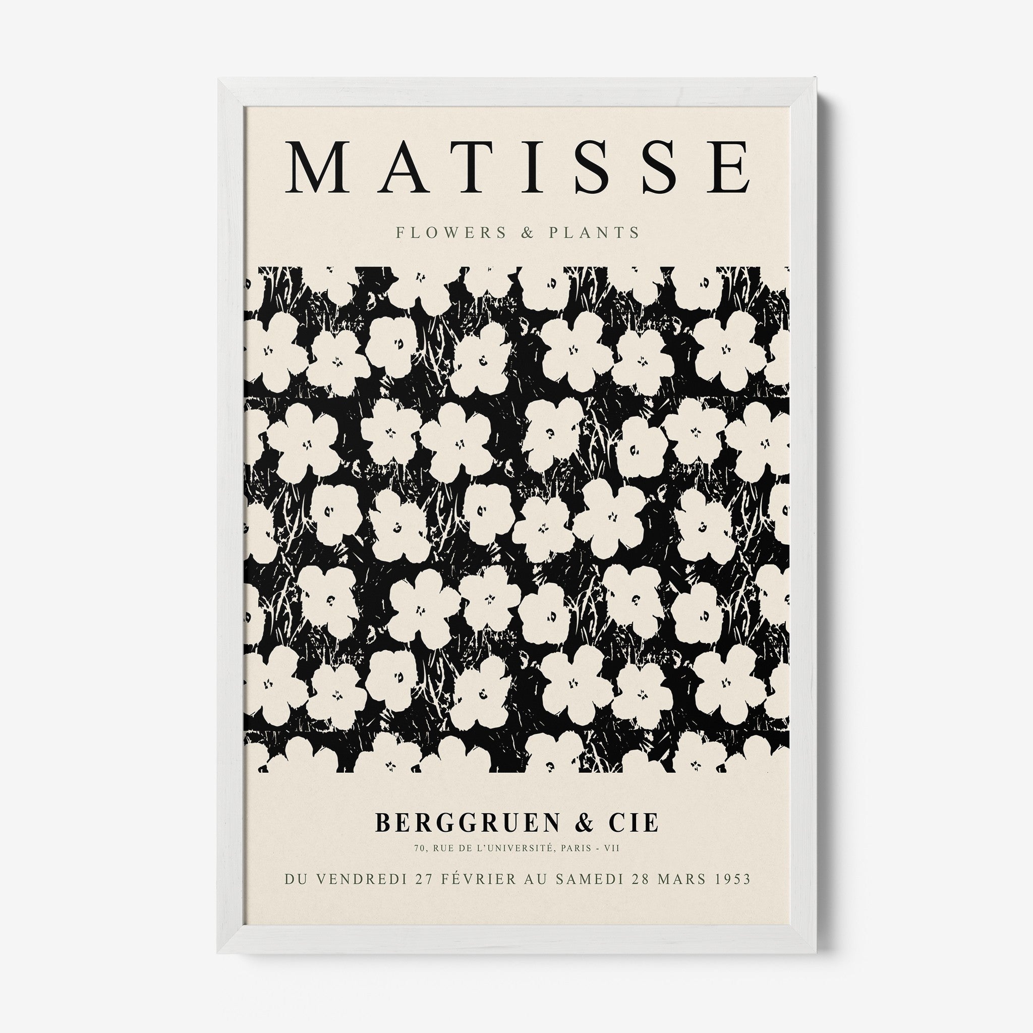 framed wall art featuring retro floral design with black background and white flowers