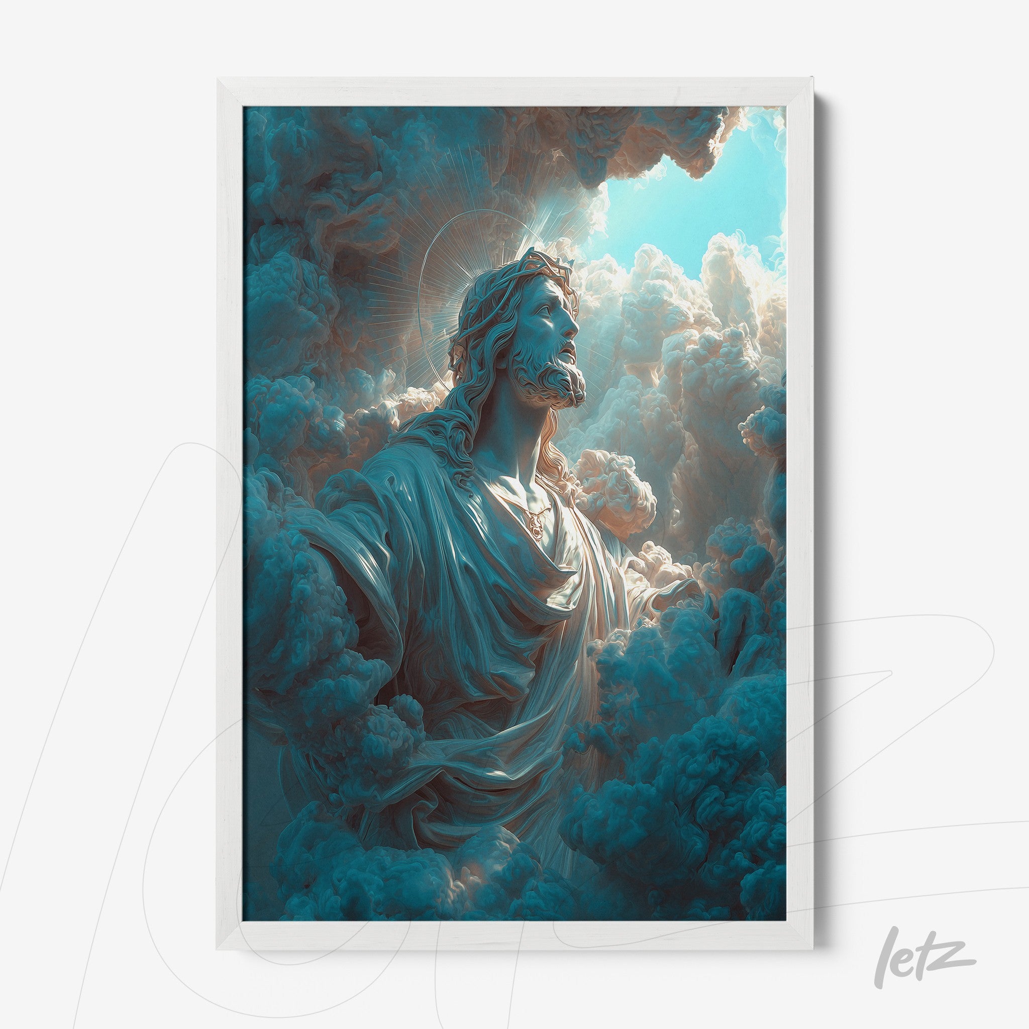 framed wall art of a celestial figure surrounded by blue clouds