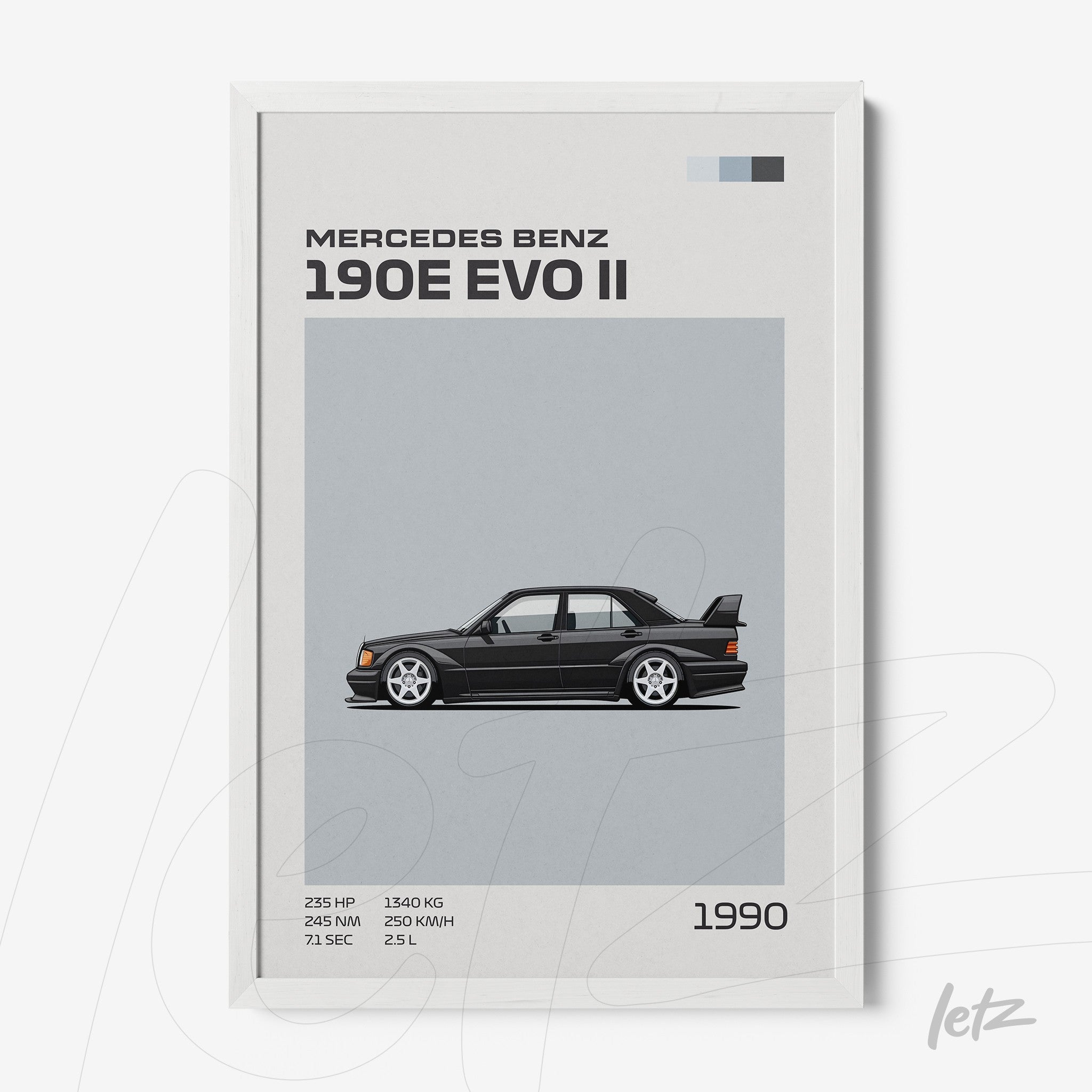framed artwork featuring the Mercedes Benz 190E EVO II in a white frame