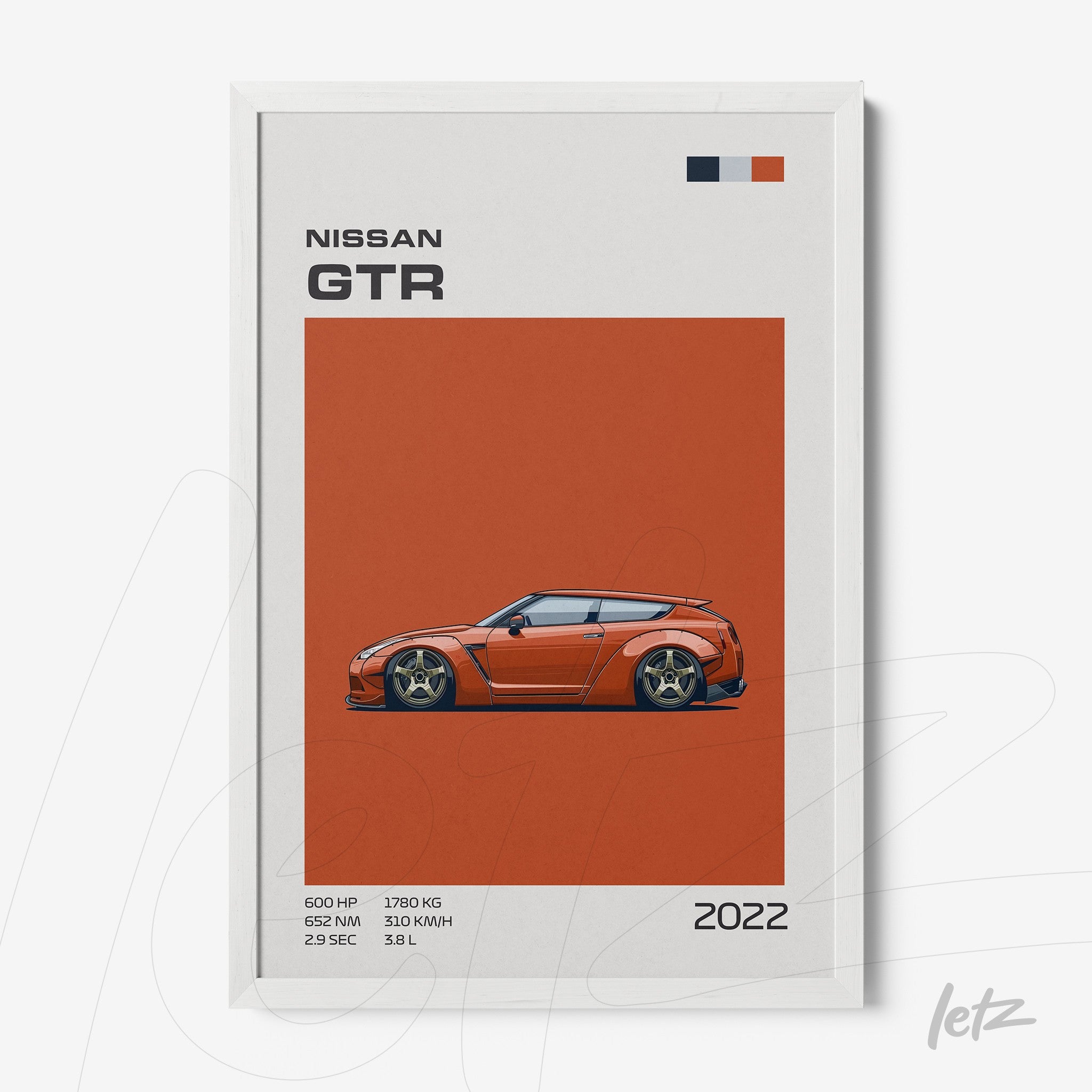 framed wall art featuring Nissan GTR sports car illustration with orange background