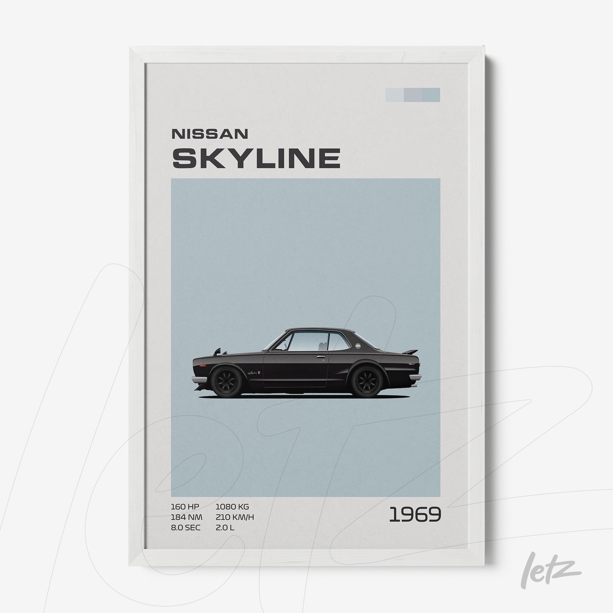 framed wall art featuring a minimalist illustration of the 1969 Nissan Skyline on light blue background