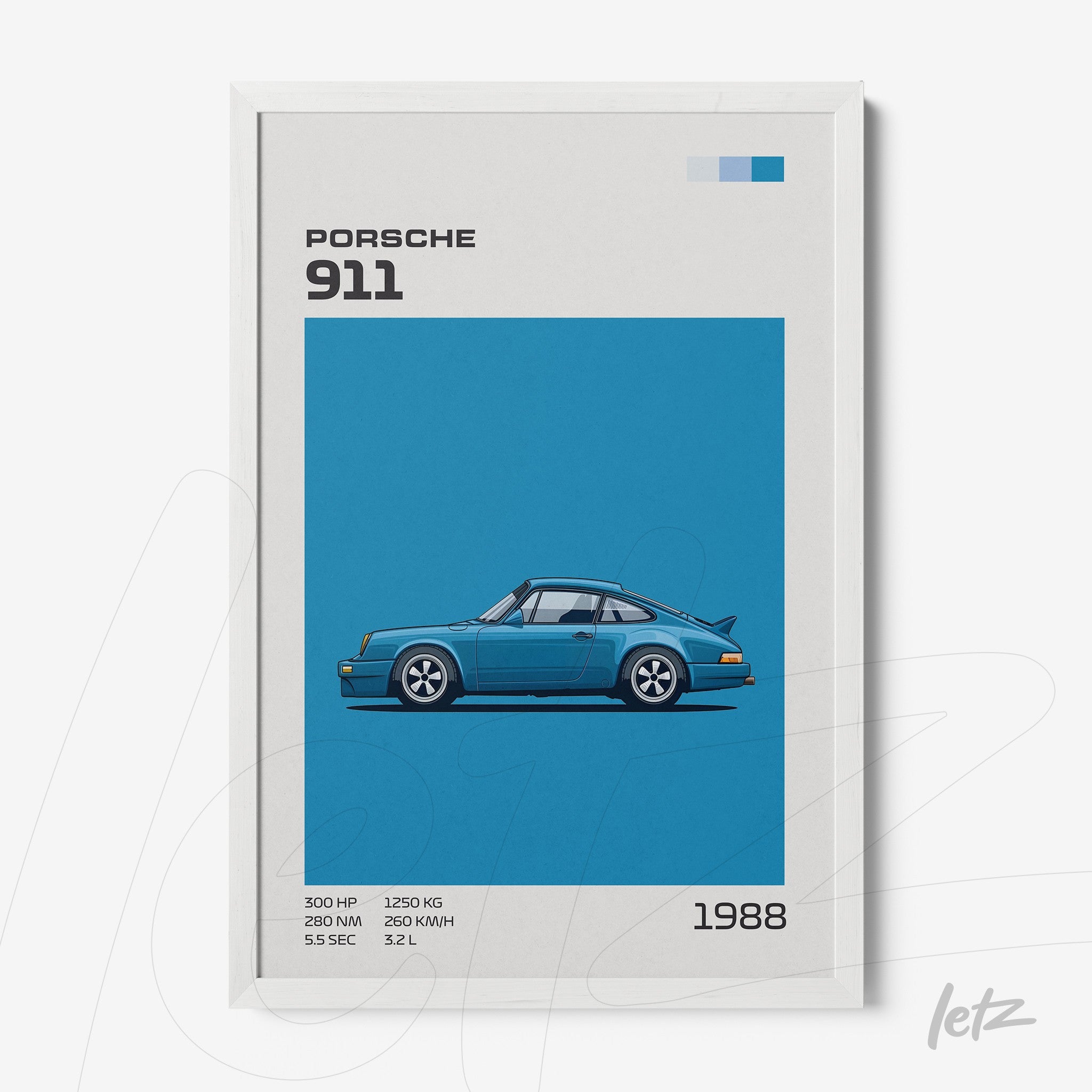 framed digital art of a blue Porsche 911 car with a white frame