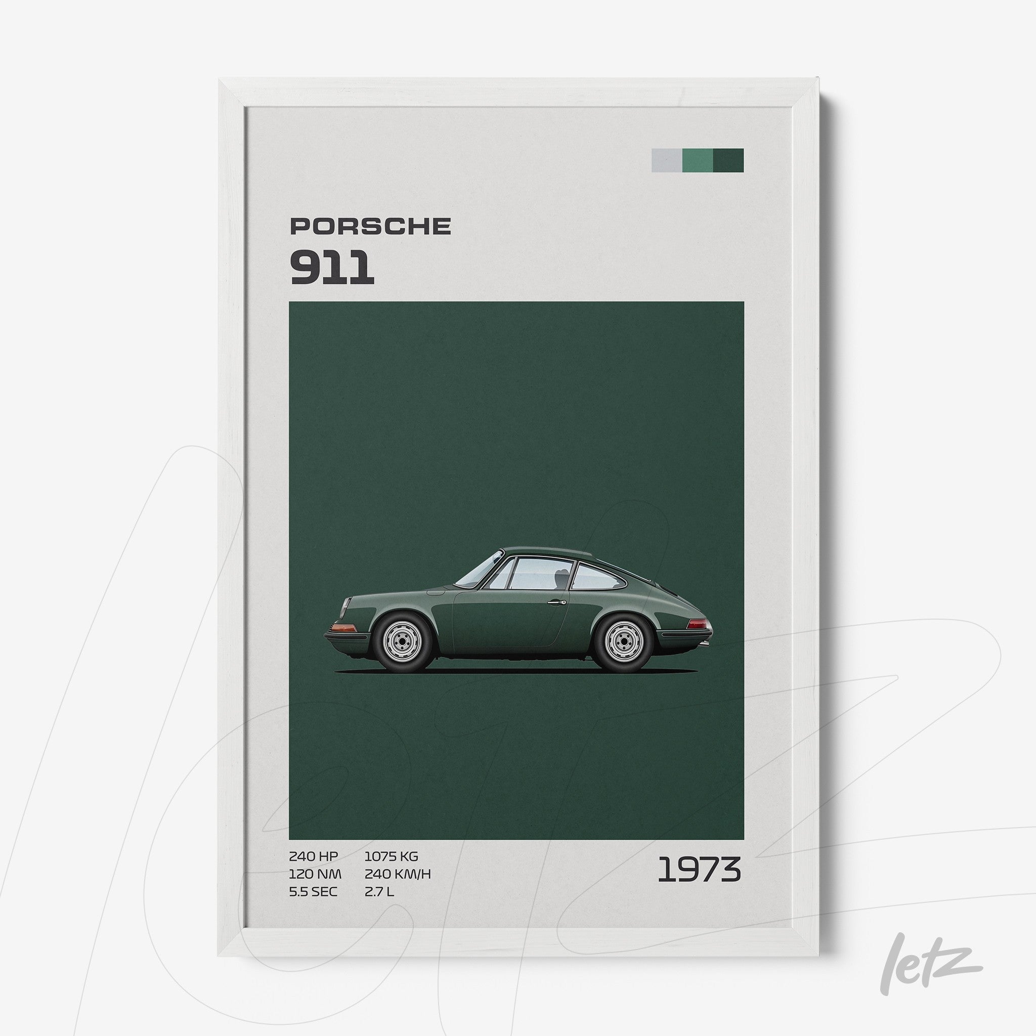 framed wall art featuring a classic Porsche 911 illustration against a dark green background with white frame
