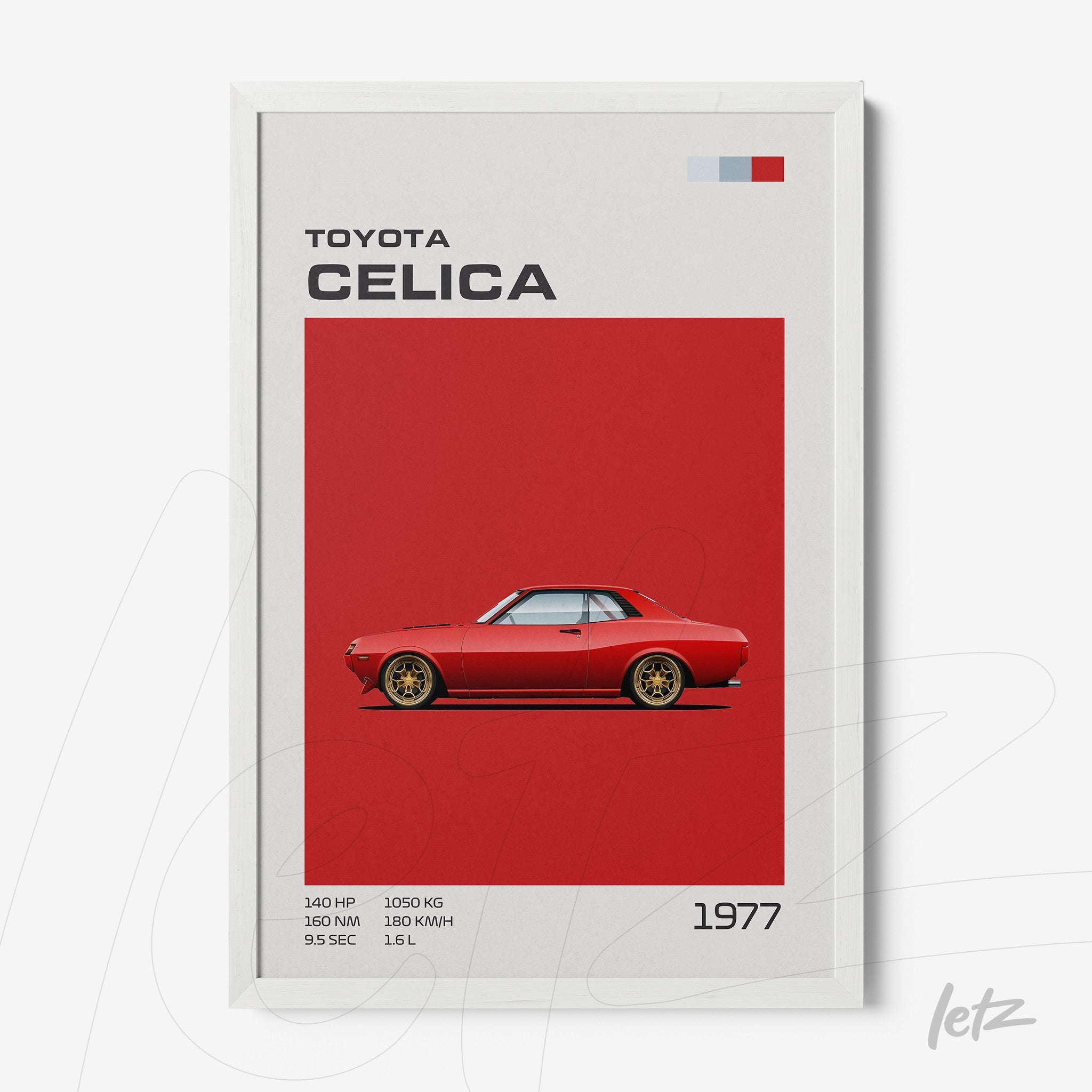 framed art of a 1977 Toyota Celica against a vibrant red background with white frame