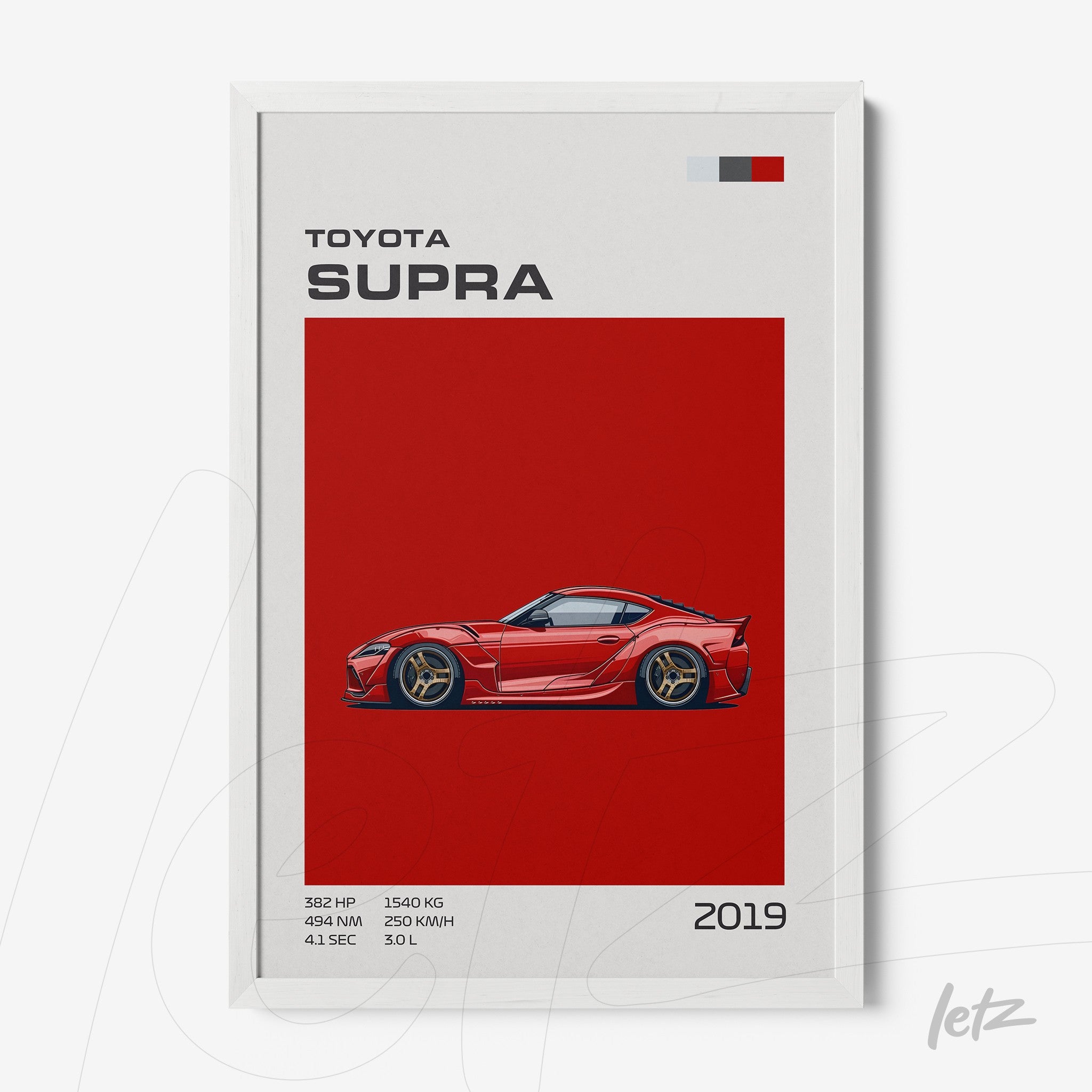 framed artwork featuring a stylized illustration of the 2019 Toyota Supra on a vibrant red background with a white frame