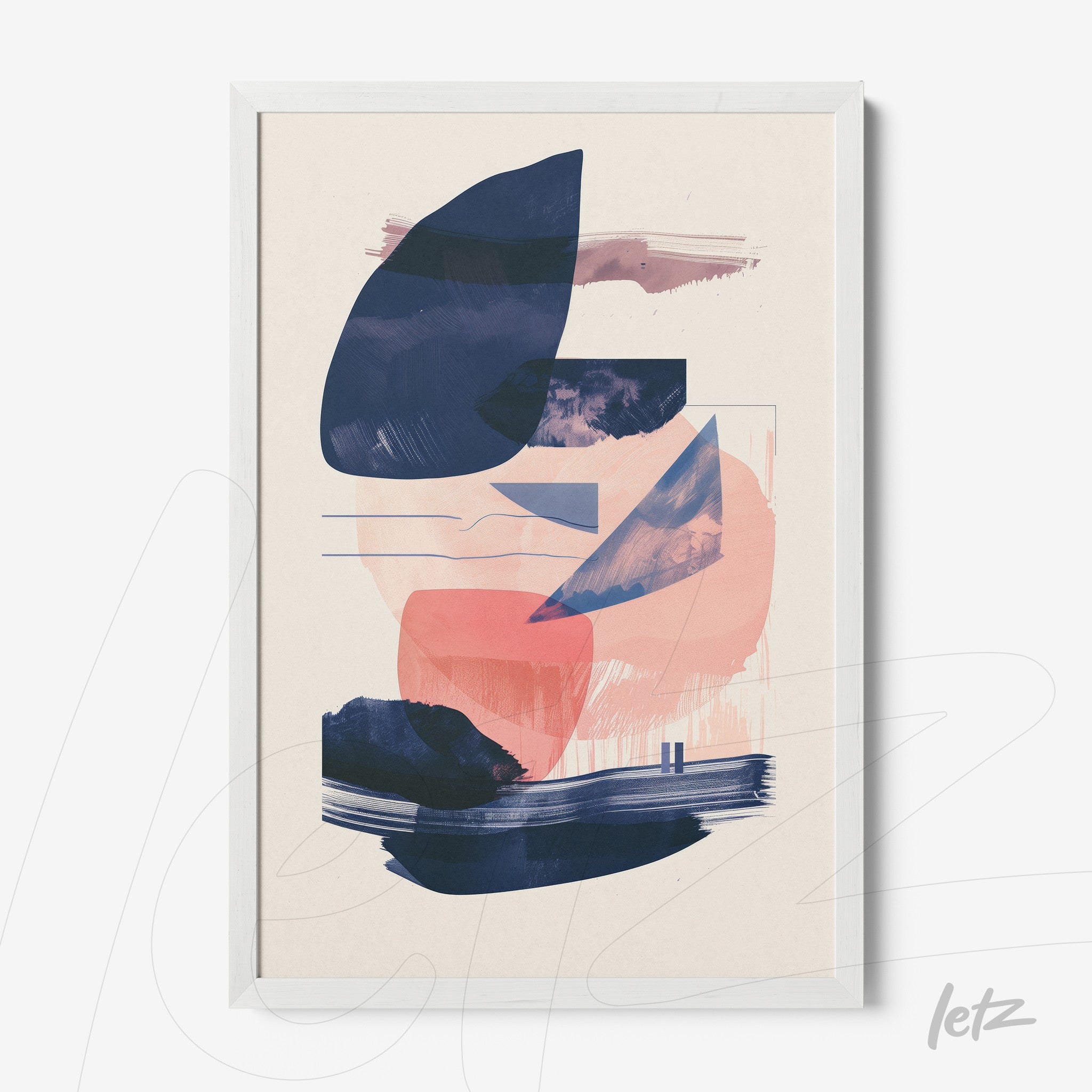 abstract wall art in shades of blue and pink with white frame