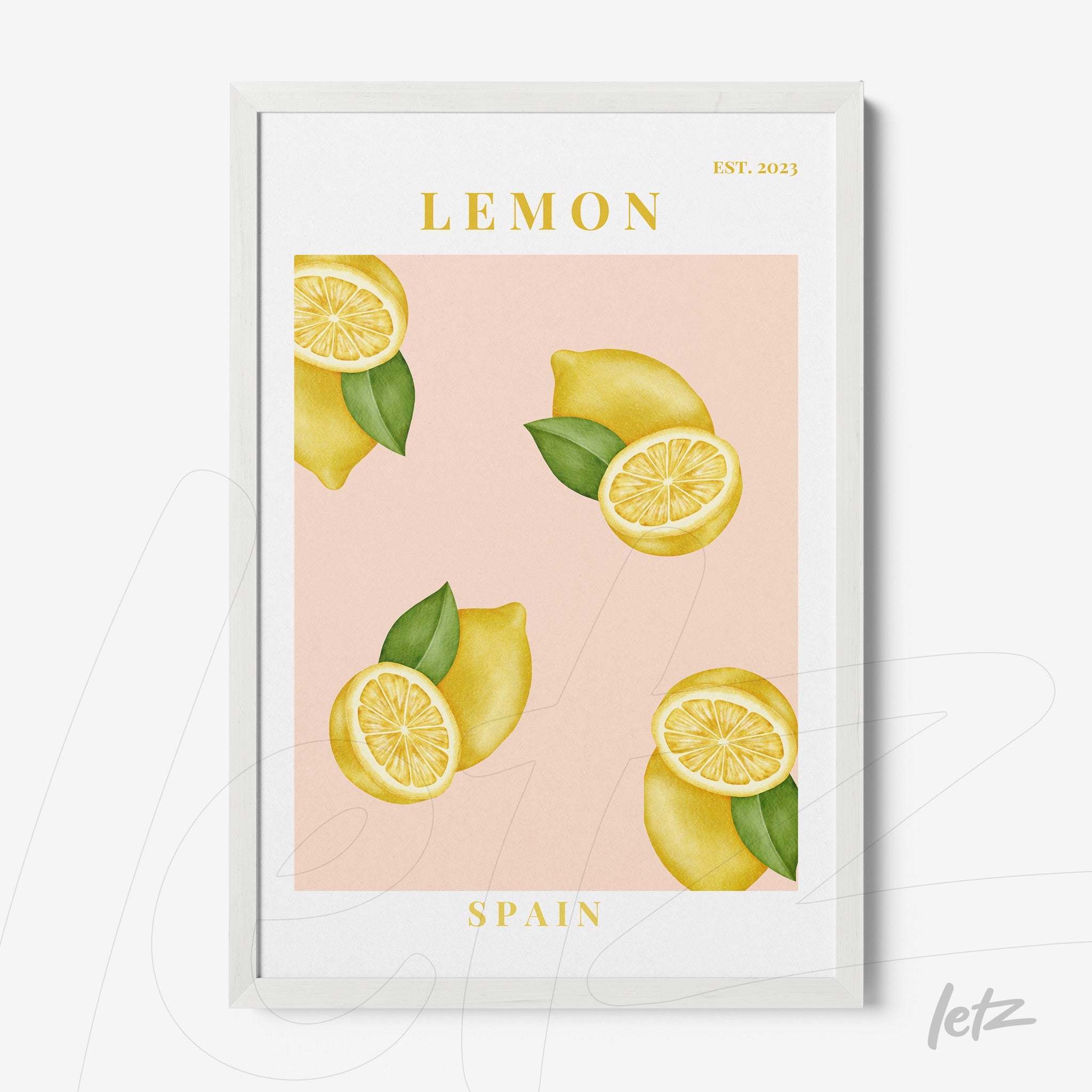 framed artwork featuring lemons on a light pink background