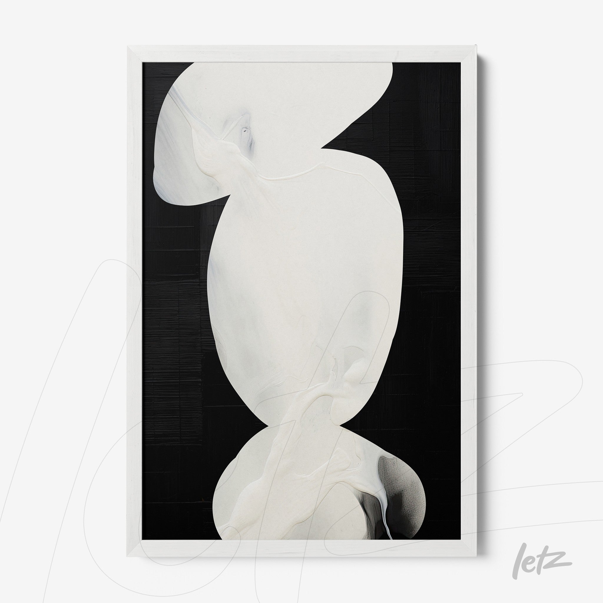 framed abstract art with fluid white shapes on a black background